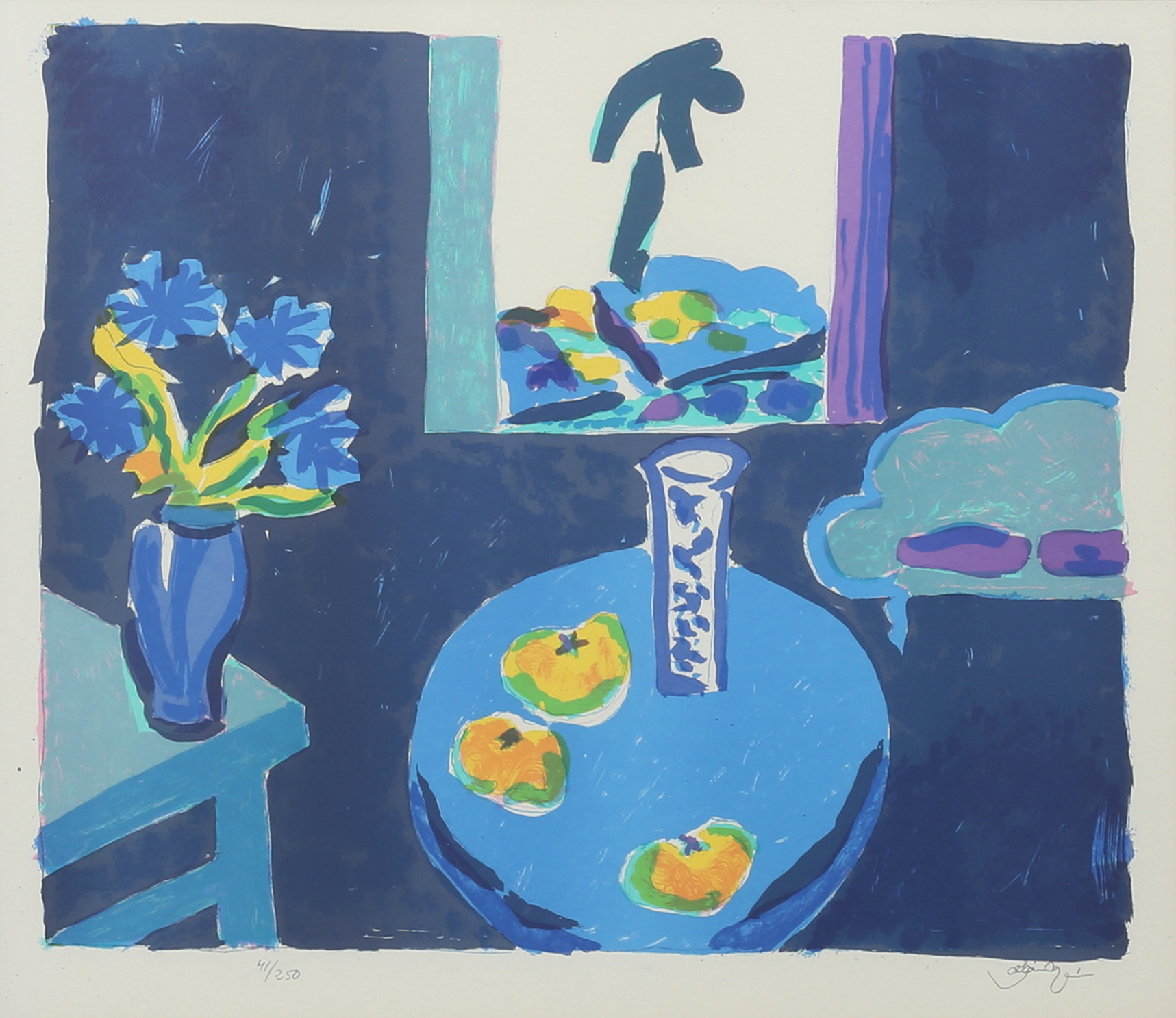 ROLAND K NILSSON. Rumsinteriör med blommor och frukt. Färglitografi, signerad och numrerad 41/250.