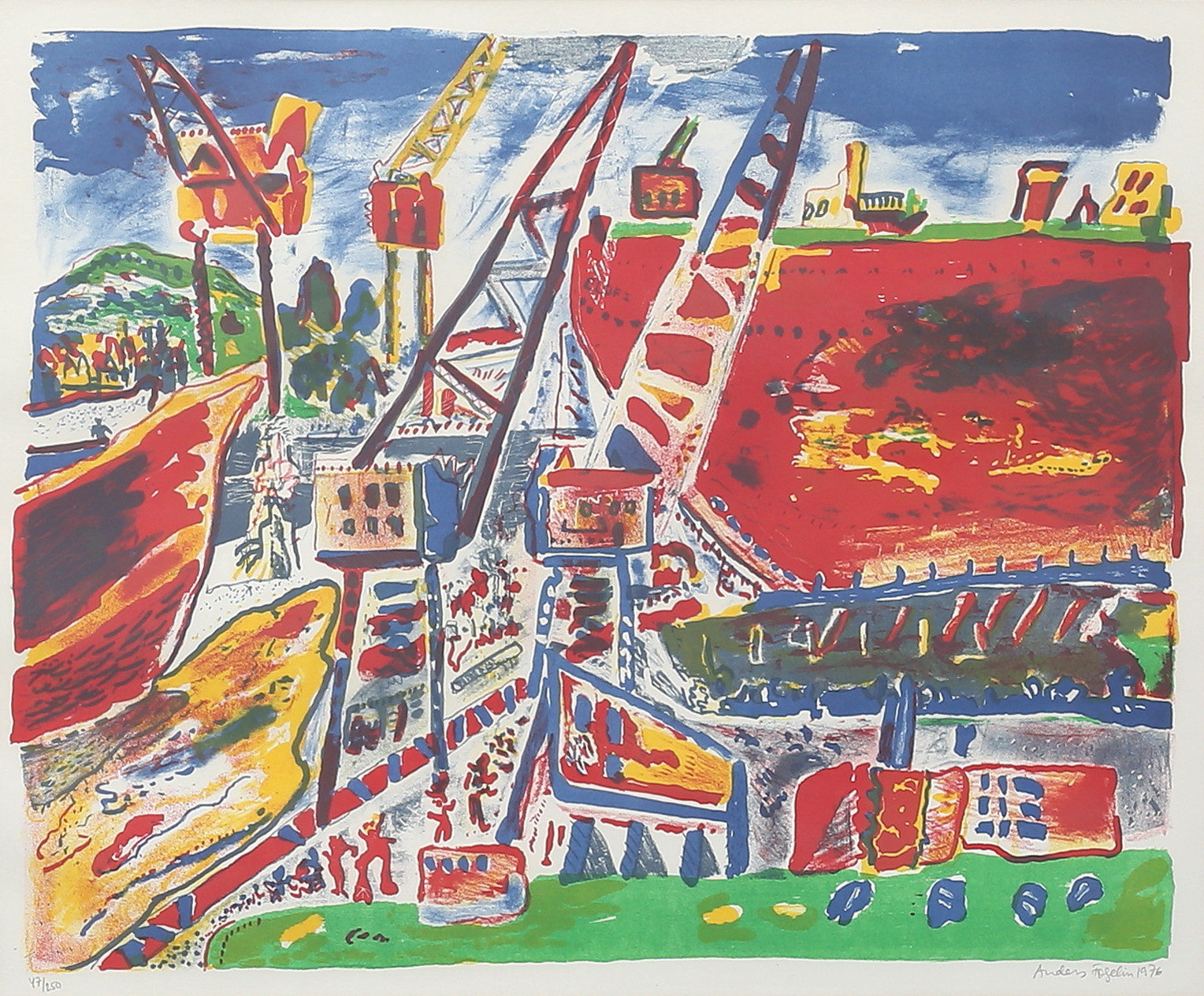 ANDERS FOGELIN. Hamnmotiv. Färglitografi, signerad och numrerad 47/250, daterad 1976.