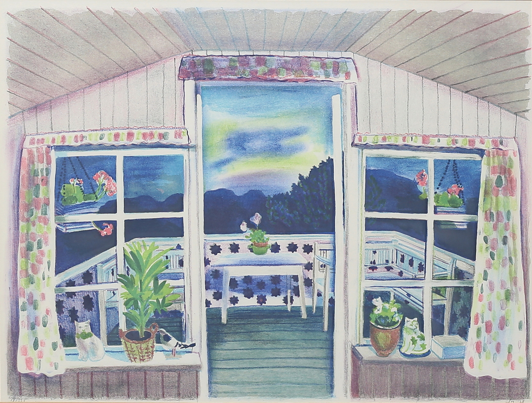 EVY LÅÅS. Vy mot balkong. Färglitografi, signerad och numrerad 18/335.