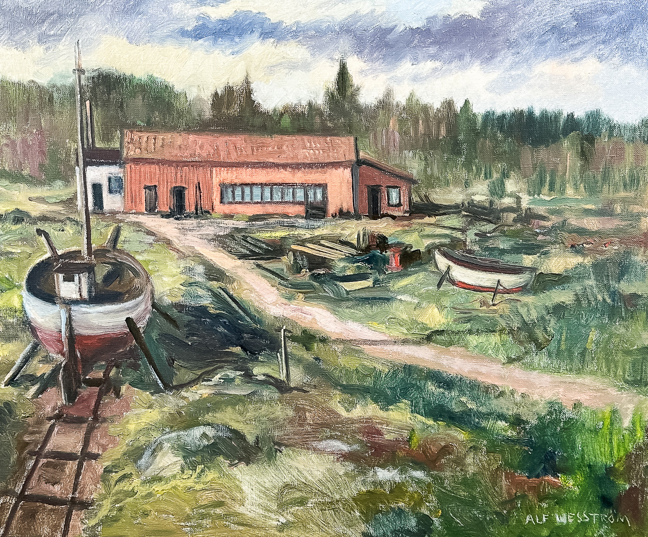 ALF WESSTRÖM. Olja på duk, Gårdsmotiv, Signerad.