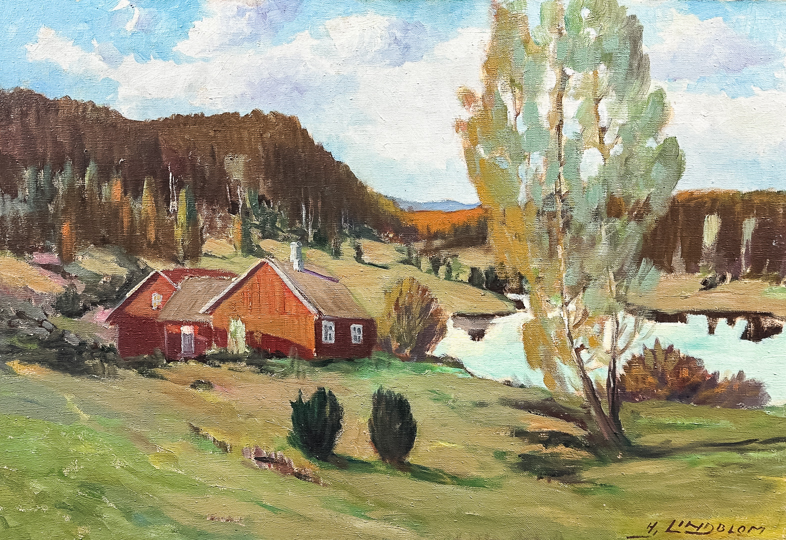 HJALMAR LINDBLOM. Olja på duk, Landskapsmotiv, Signerad.
