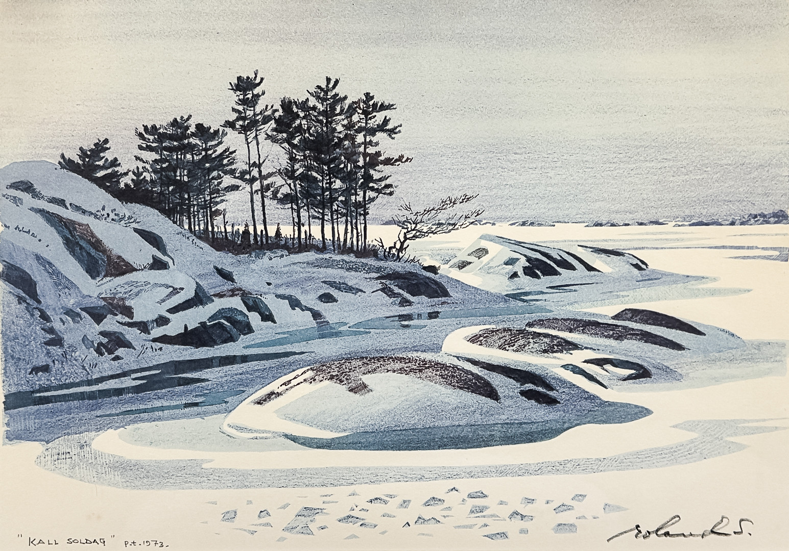 ROLAND SVENSSON. EFTER. Offsettryck, "Kall soldag", Signerad och daterad i trycket.