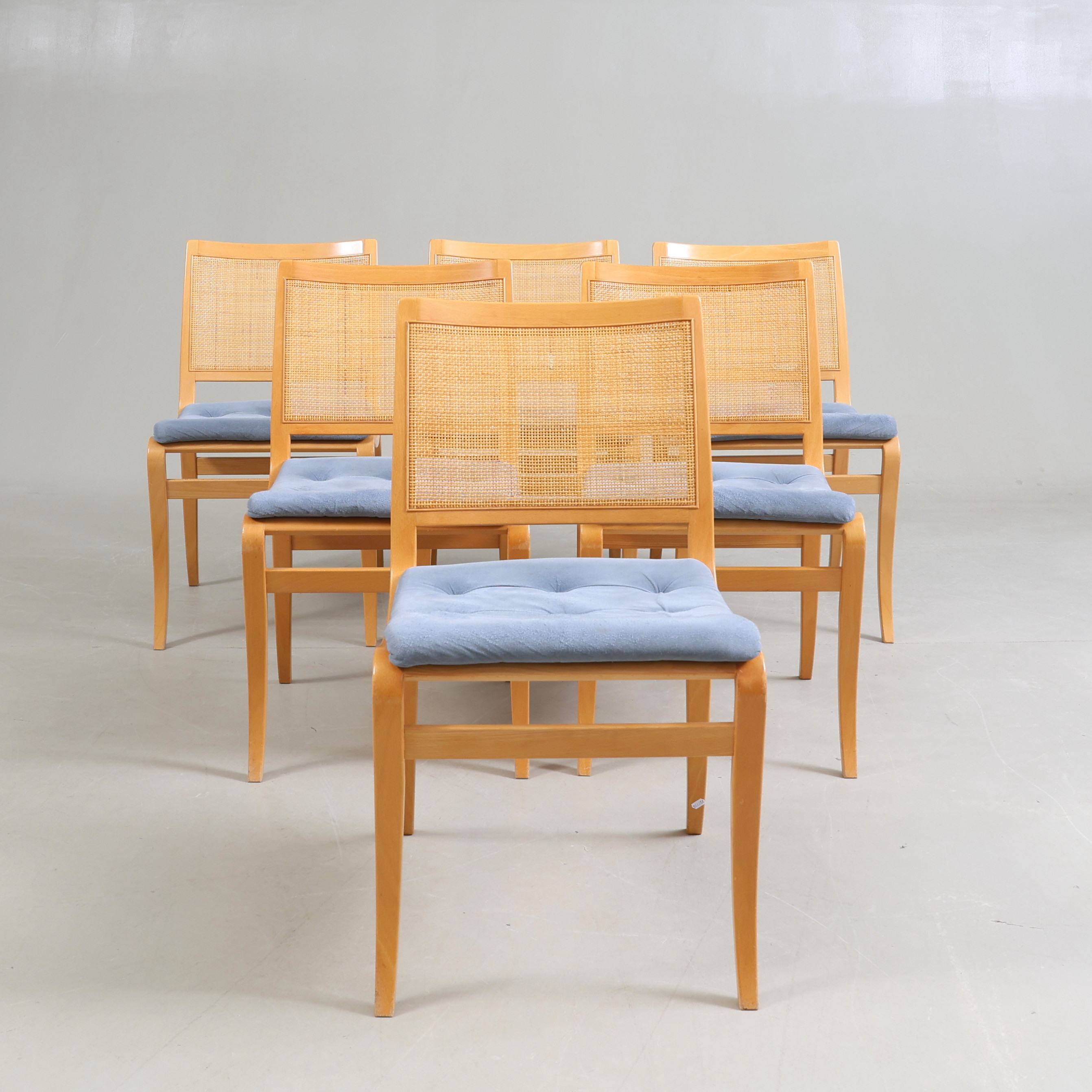 BRUNO MATHSSON. Stolar, 6 stycken, "Kerstin", bok med rotting, Dux, 1970-/80-tal.