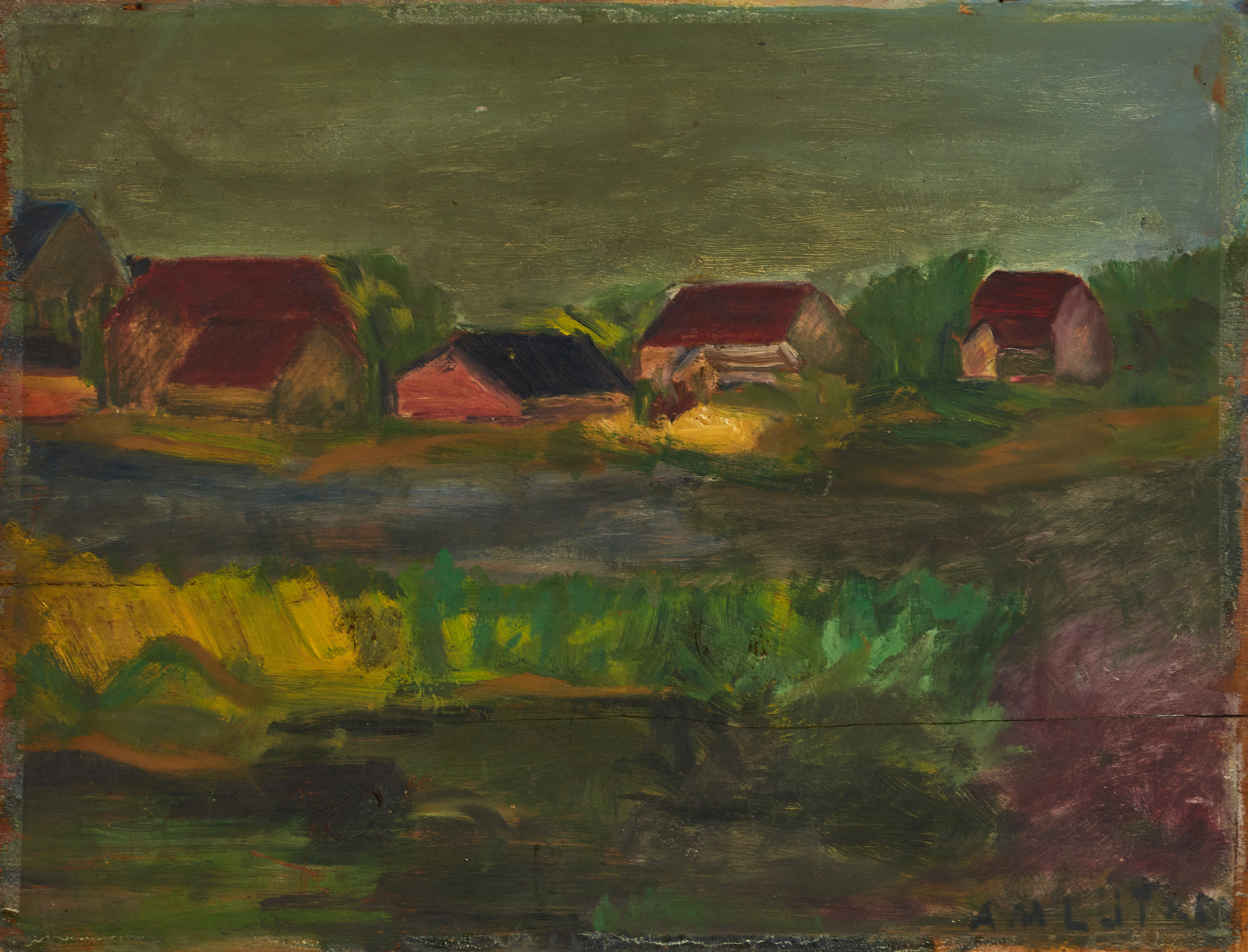 OKÄND KONSTNÄR. Landskap med hus, signerad, olja på pannå (stadsmotiv a tergo).