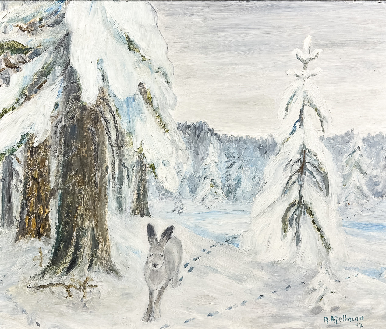 RUNE KJELLMAN. Olja på pannå, Hare i vinterlandskap, Signerad och daterad -47.