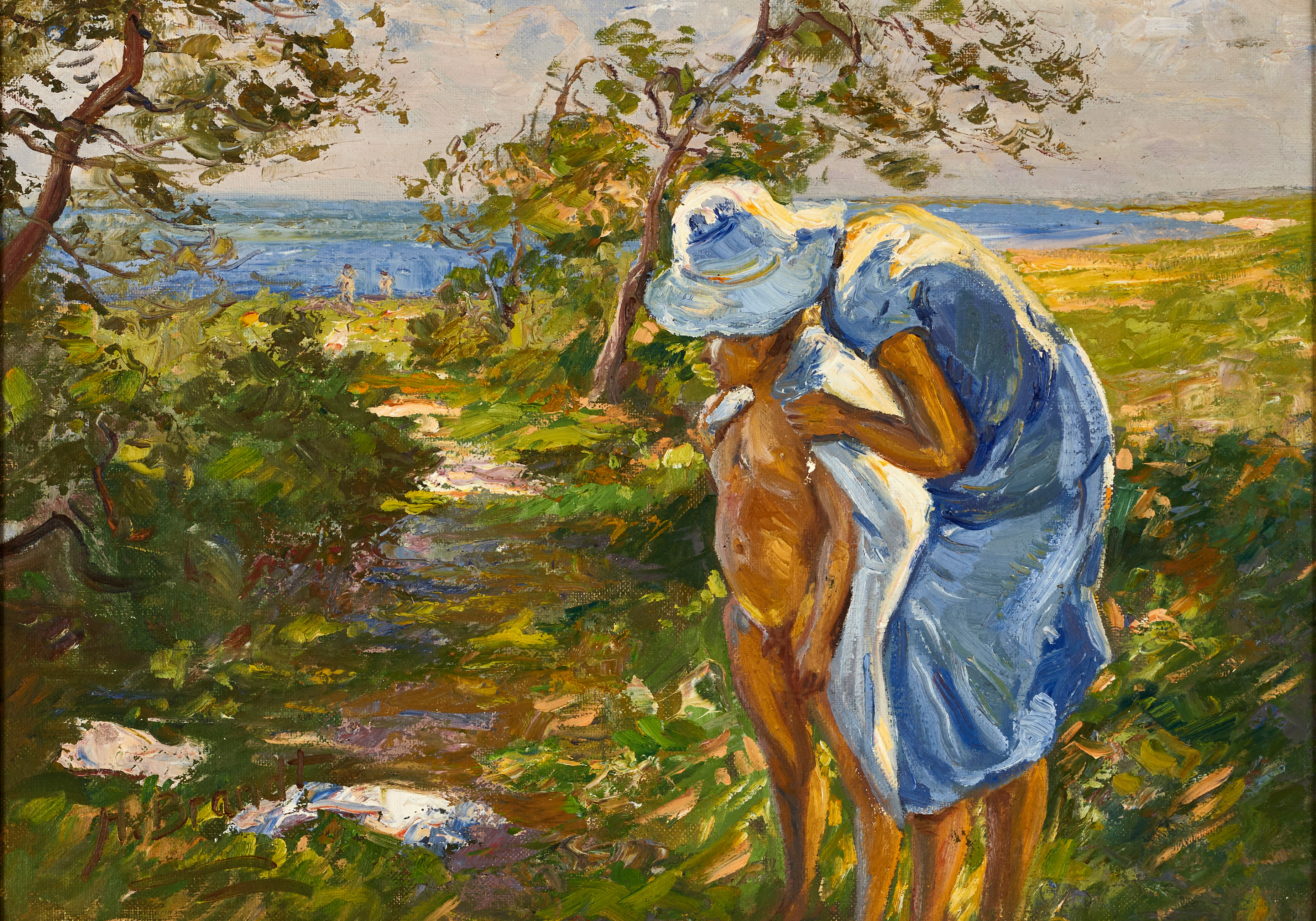 HEDVIG BRANDT (Danmark 1881-1946): Mor och barn, sommaridyll vid stranden, signerad H Brandt, 1920-tal, olja på duk.