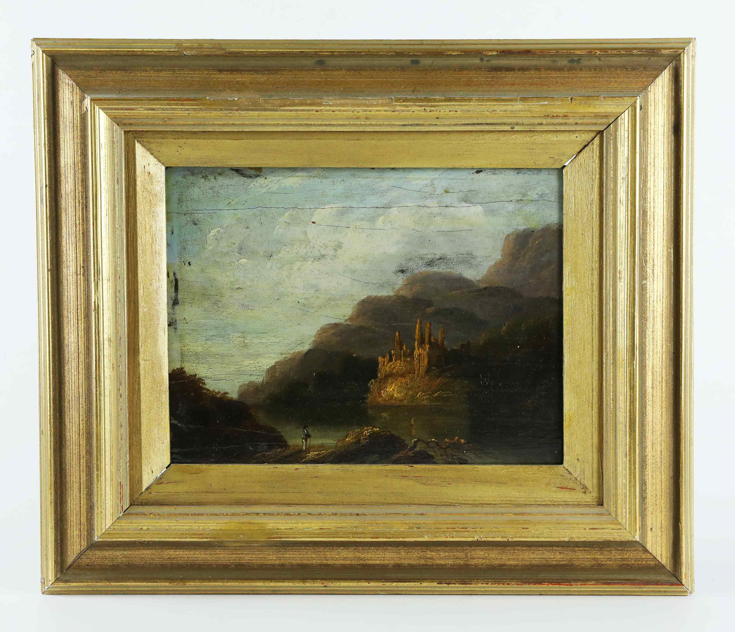 OKÄND KONSTNÄR. Olja på pannå, Landskap med borg-ruin, osignerad, 1800-tal.