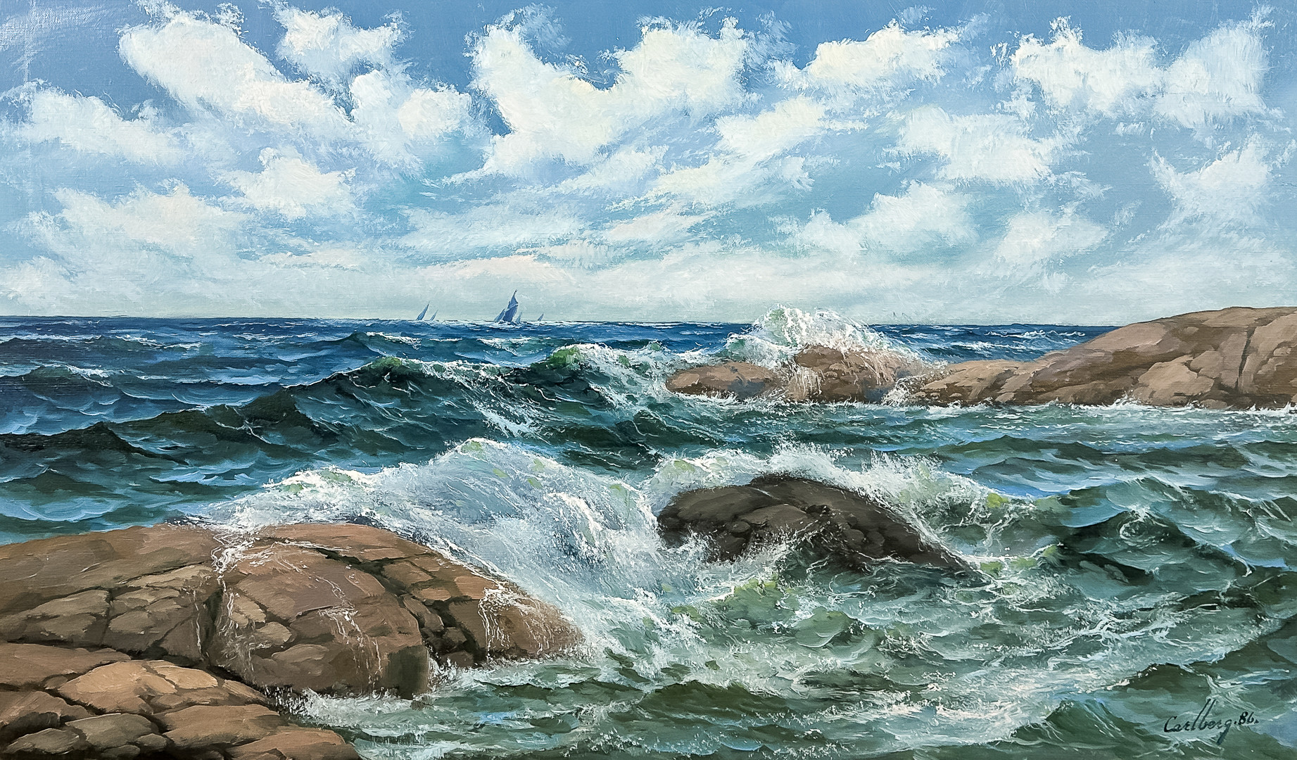 ERIK CARLBERG. Olja på duk, Kustmotiv, Signerad och daterad .-86.