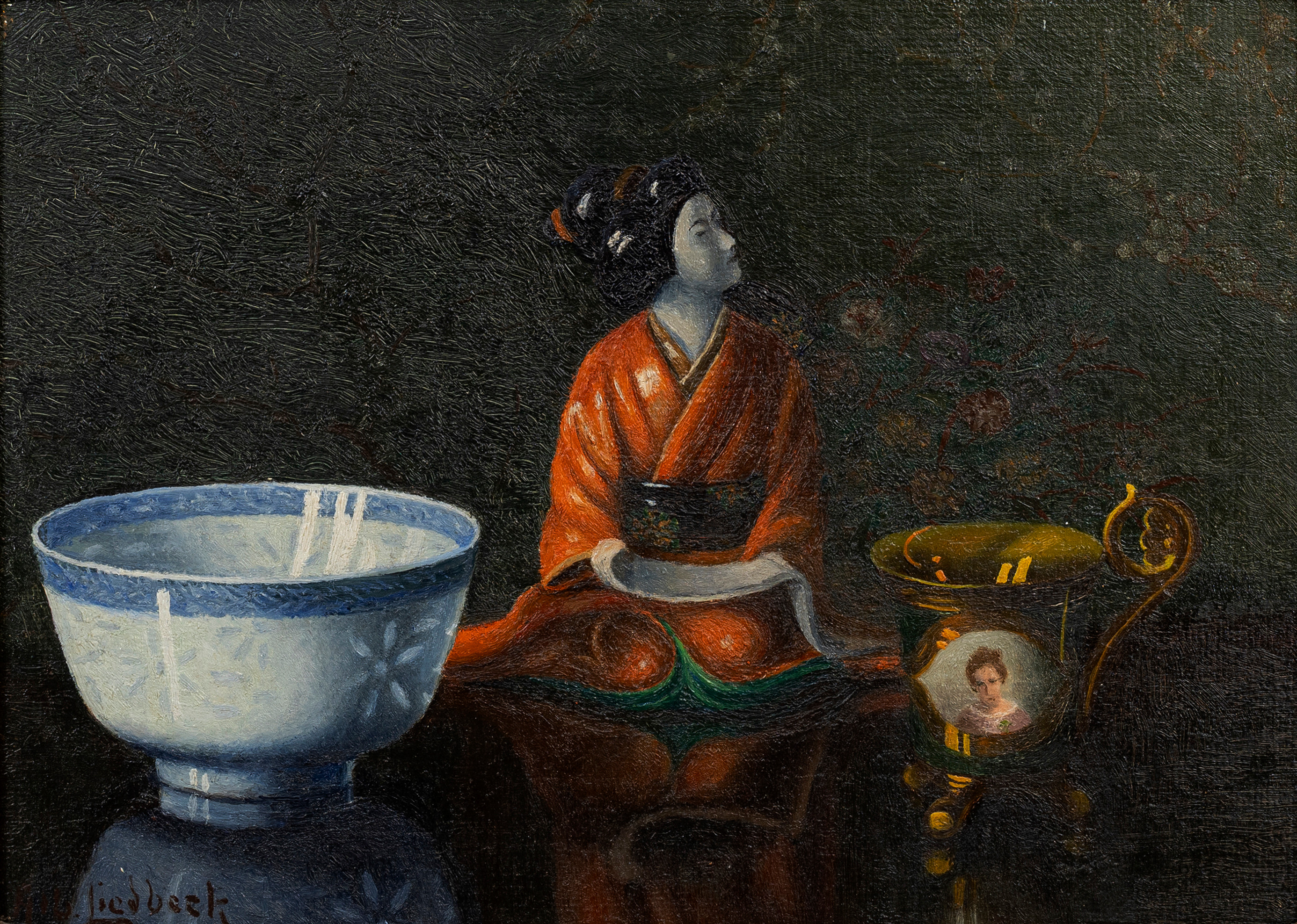 ALBERT LIEDBECK. Stilleben med Geisha, olja på pannå, sign, Alb Liedbeck.