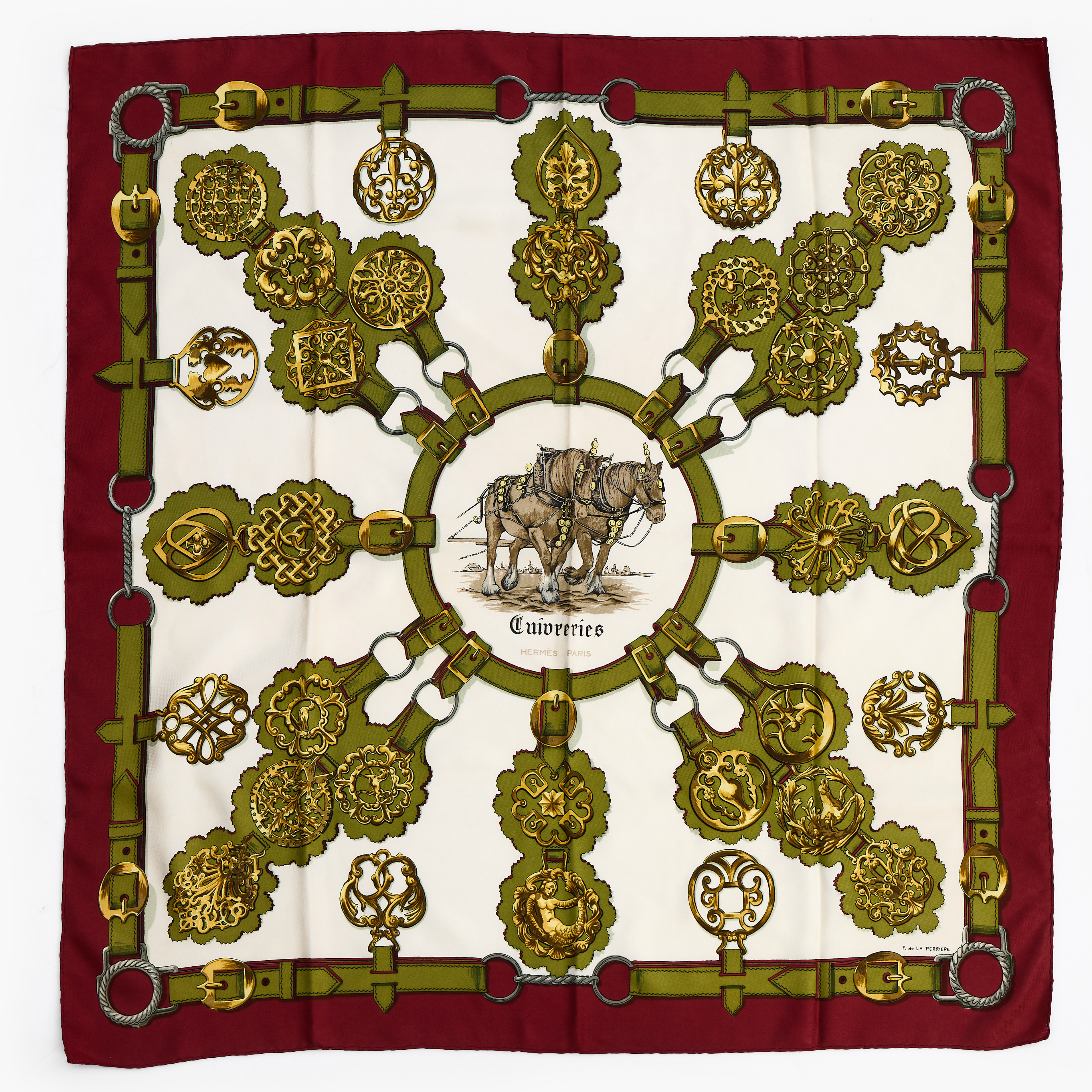 HERMÈS, scarf "Cuivreries Chevaux de Traits" av Françoise De La Perriere, Frankrike.
