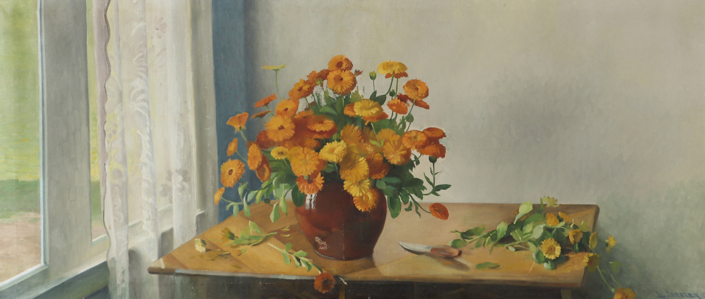 OIDENTIFIERAD KONSTNÄR. Blomsterstilleben, olja på duk, signerad L. Larsson.