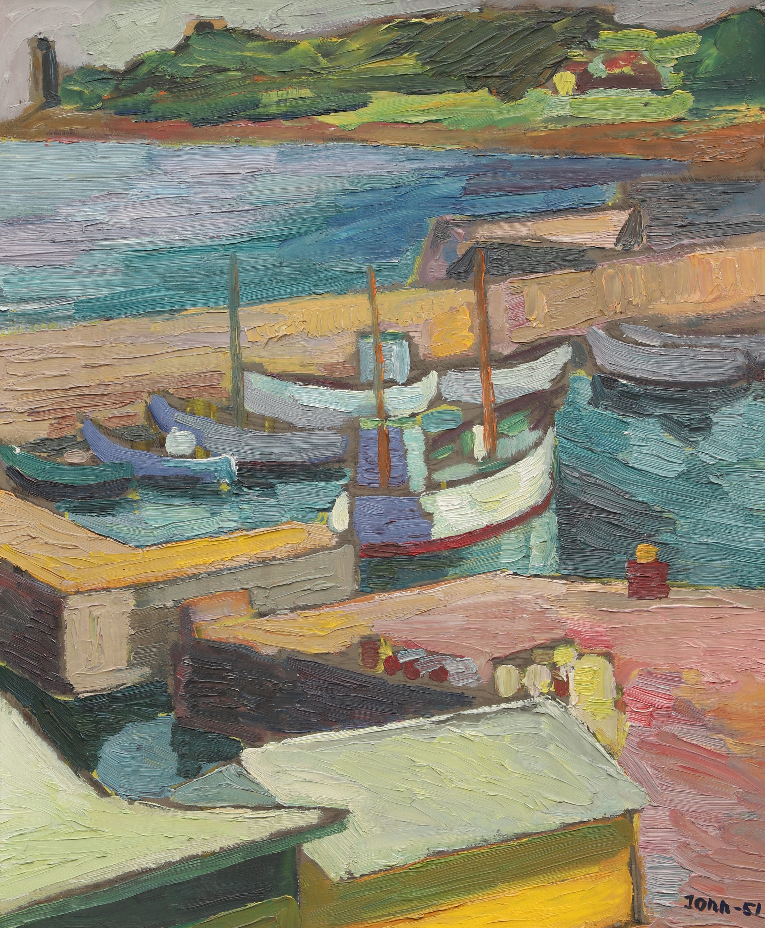 GUNNAR JONN. Olja på pannå, småbåtshamn, signerad, daterad.