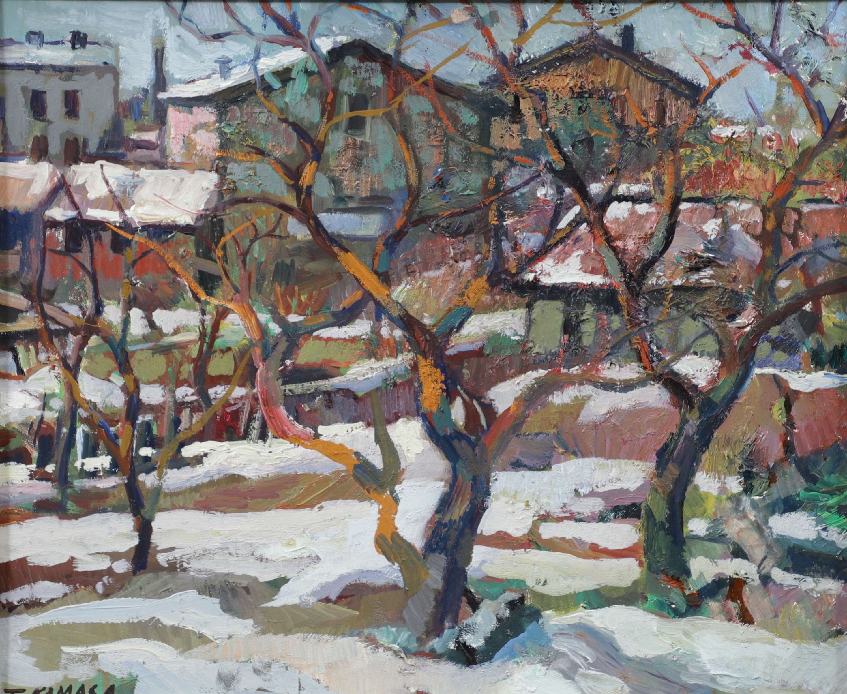 TADEUSZ KAMASA. Träd i snö, olja på pannå, signerad.