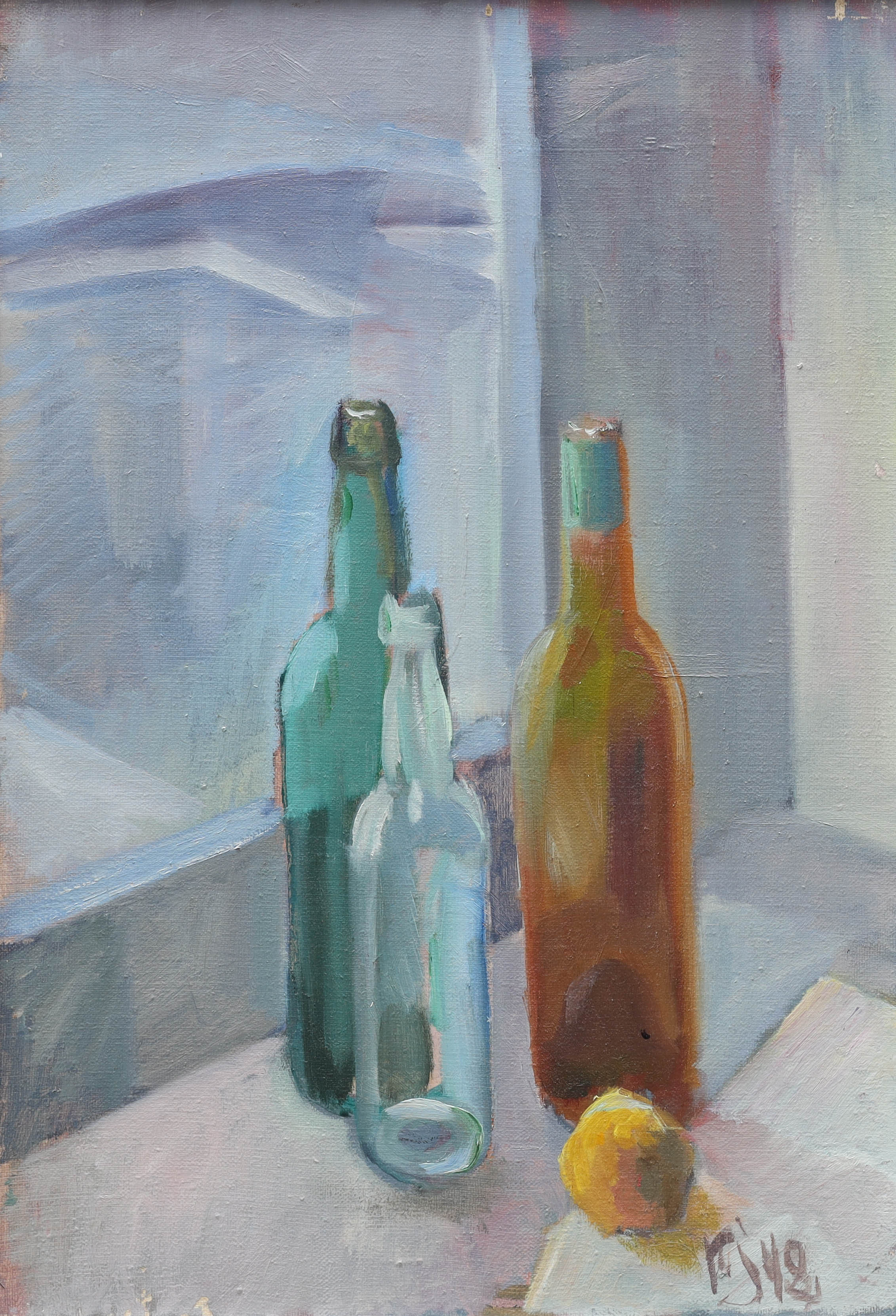 OIDENTIFIERAD KONSTNÄR. olja på duk, stilleben vid fönster, monogramsignerad FJ, daterad -42.