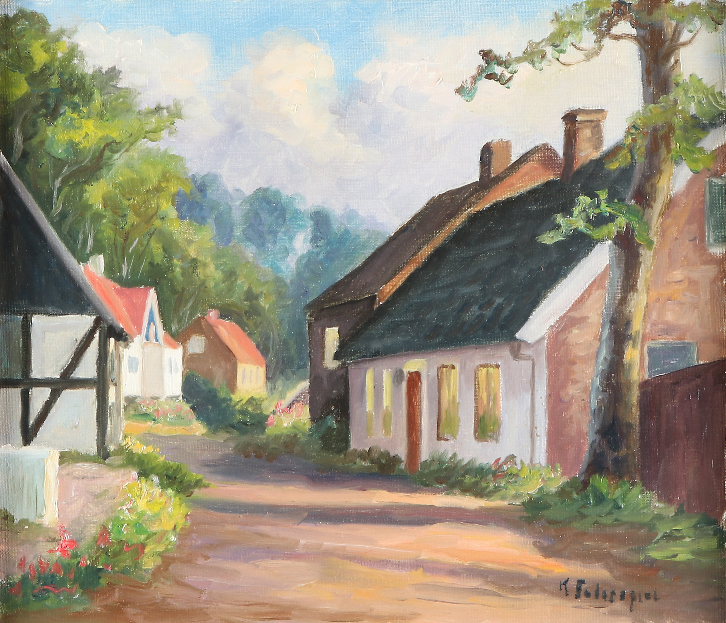 KAI FEDERSPIEL. Oljemålning på duk. Bygata, enligt uppgift Ålabodarna. Signerad.