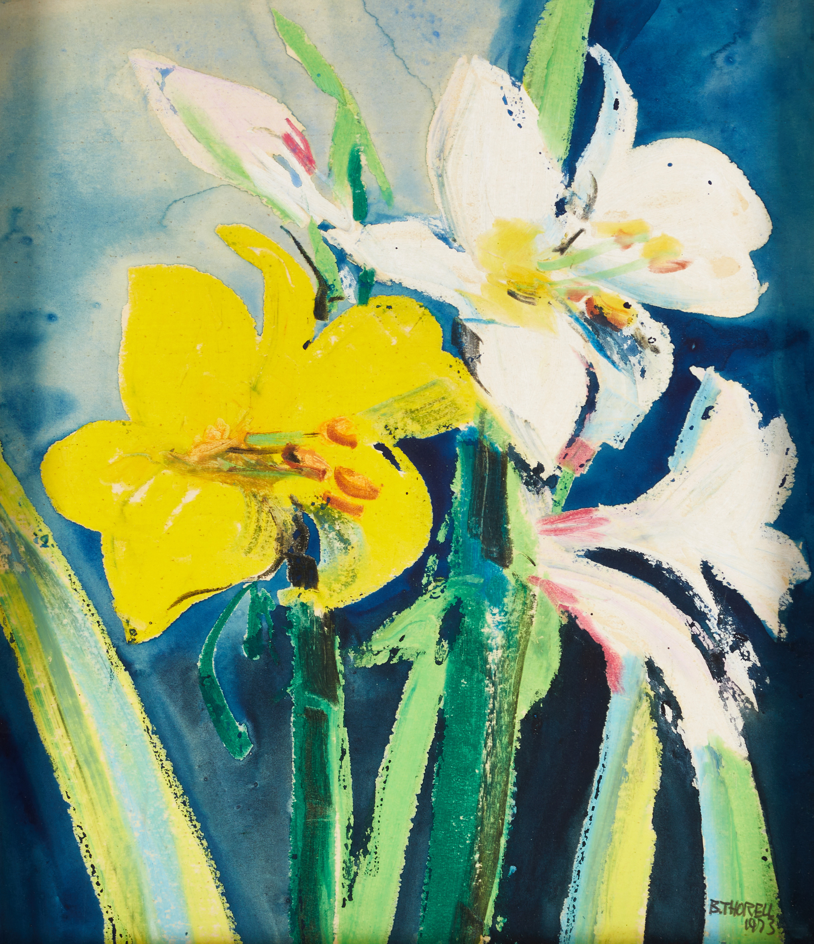 BRITA THORELL (1918-2004). Liljor, signerad B. Thorell, daterad 1973, blandteknik på papper.