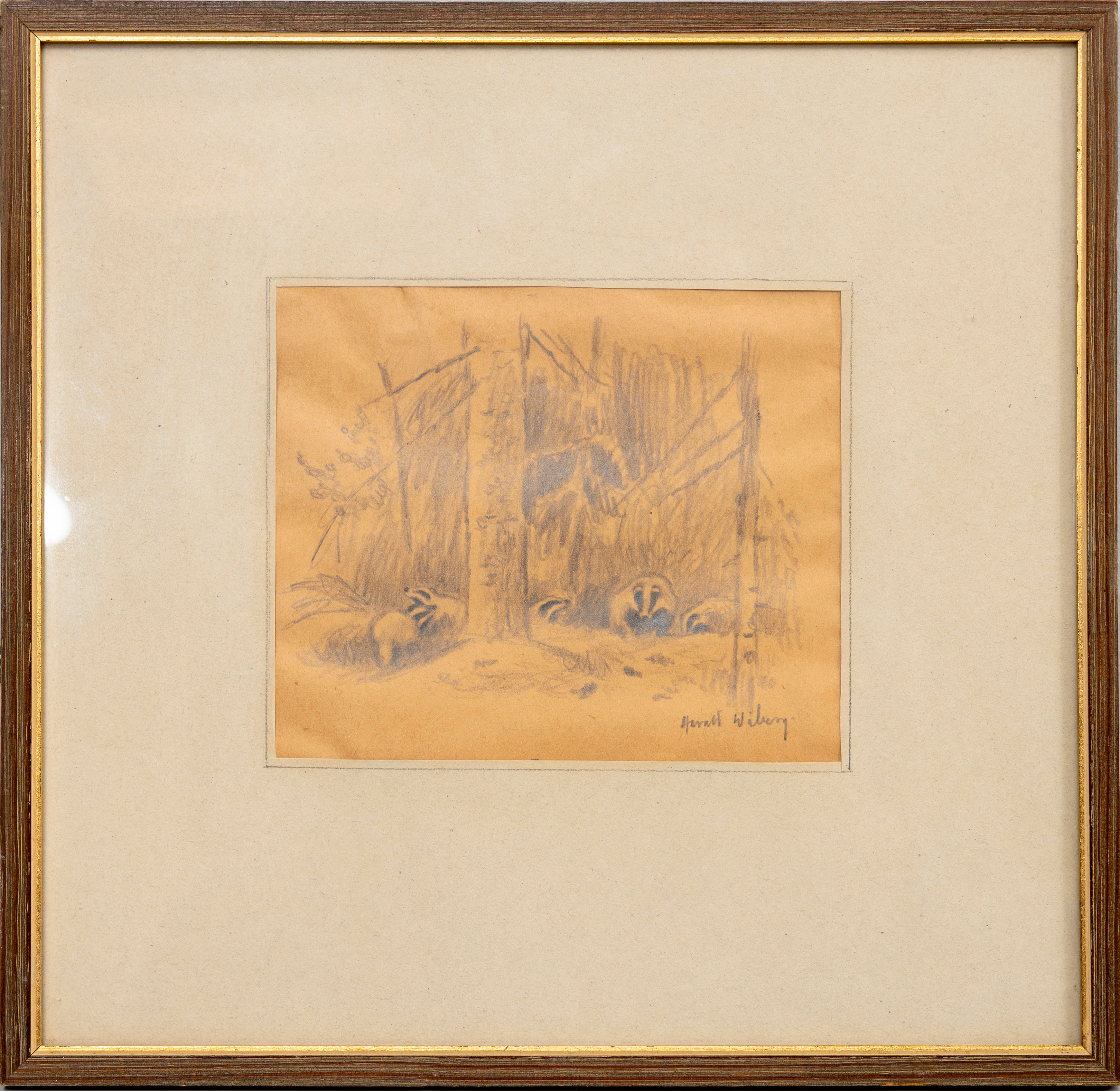 HARALD WIBERG. Grävlingar, blyerts på papper, signerad.