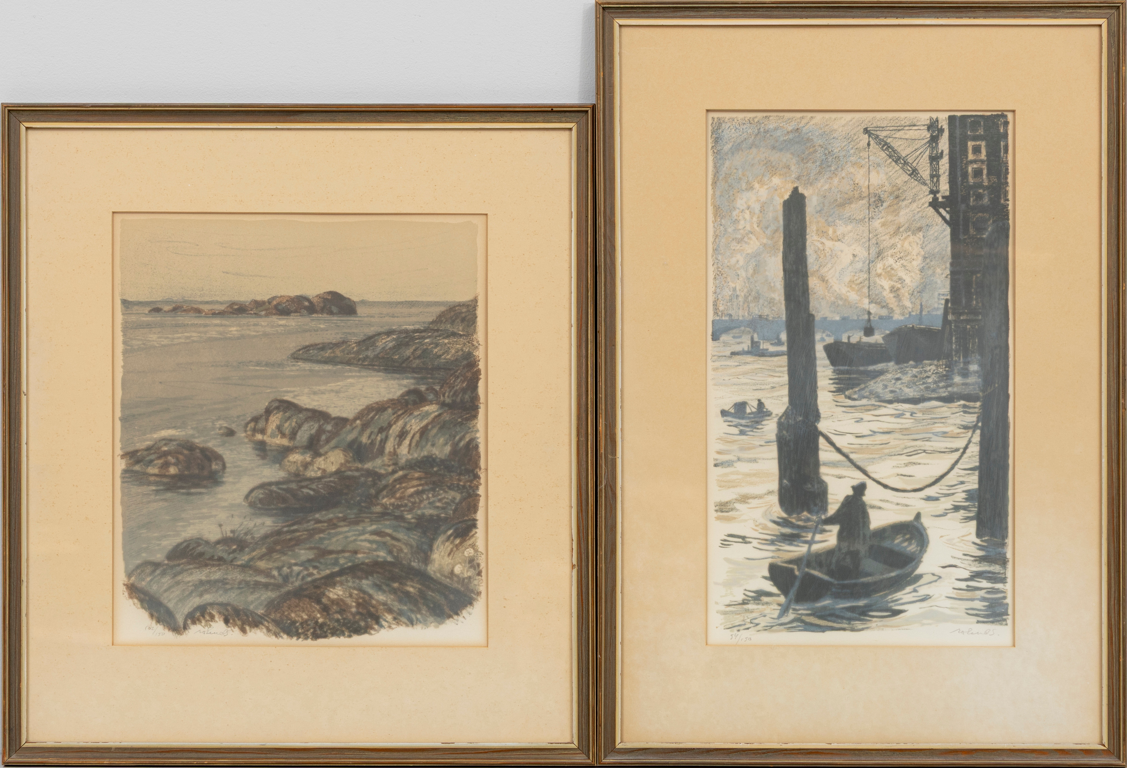 ROLAND SVENSSON. "Upper pool Thames" samt Klippor, färglitpgrafier, 2 st signerade och daterade, Roland S., 54/150 resp 102/150, 1900-talets mitt.