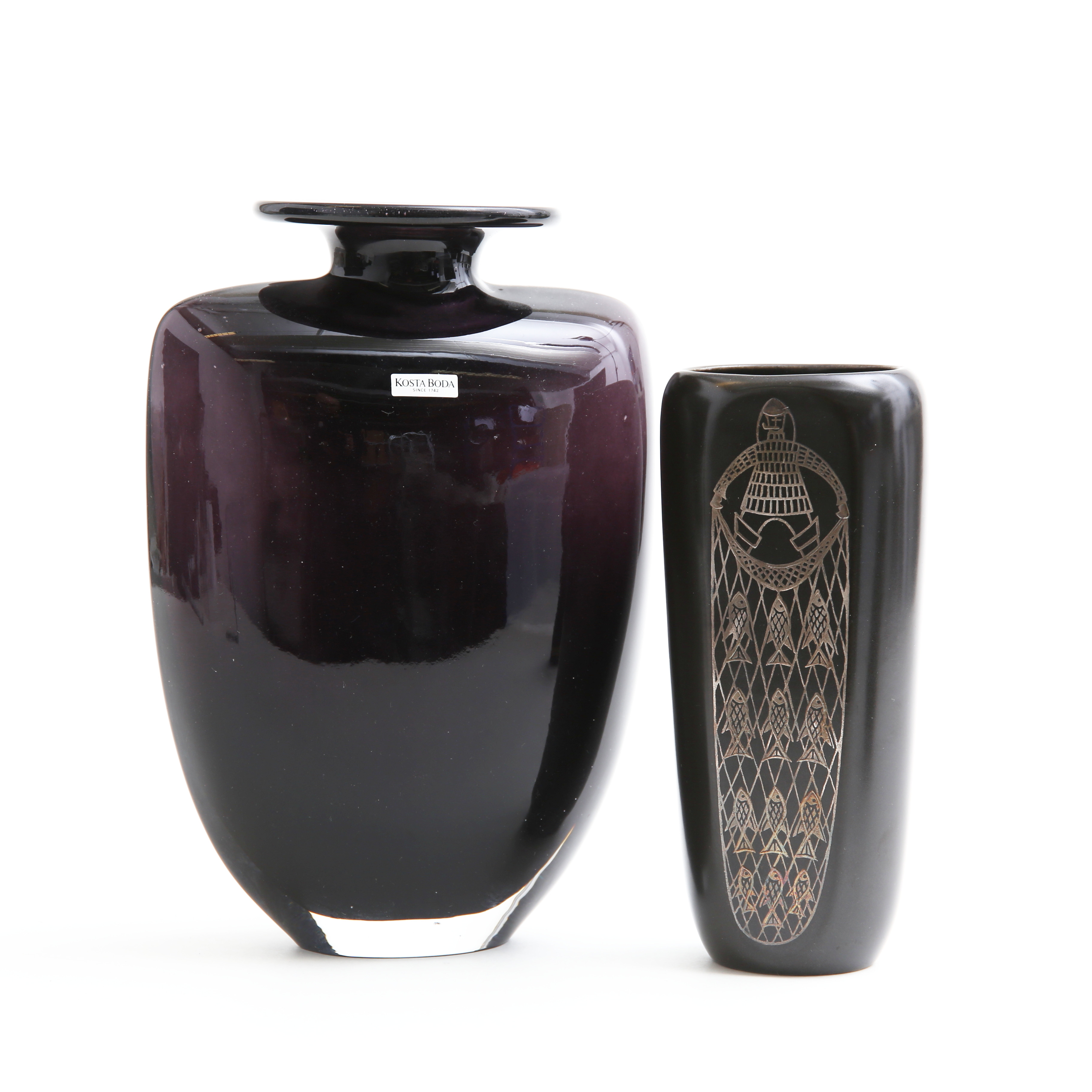 VASER 2 st, stengods/glas, bla Sven Jonson, "Facett", Gustavsberg, 1900-talets mitt.