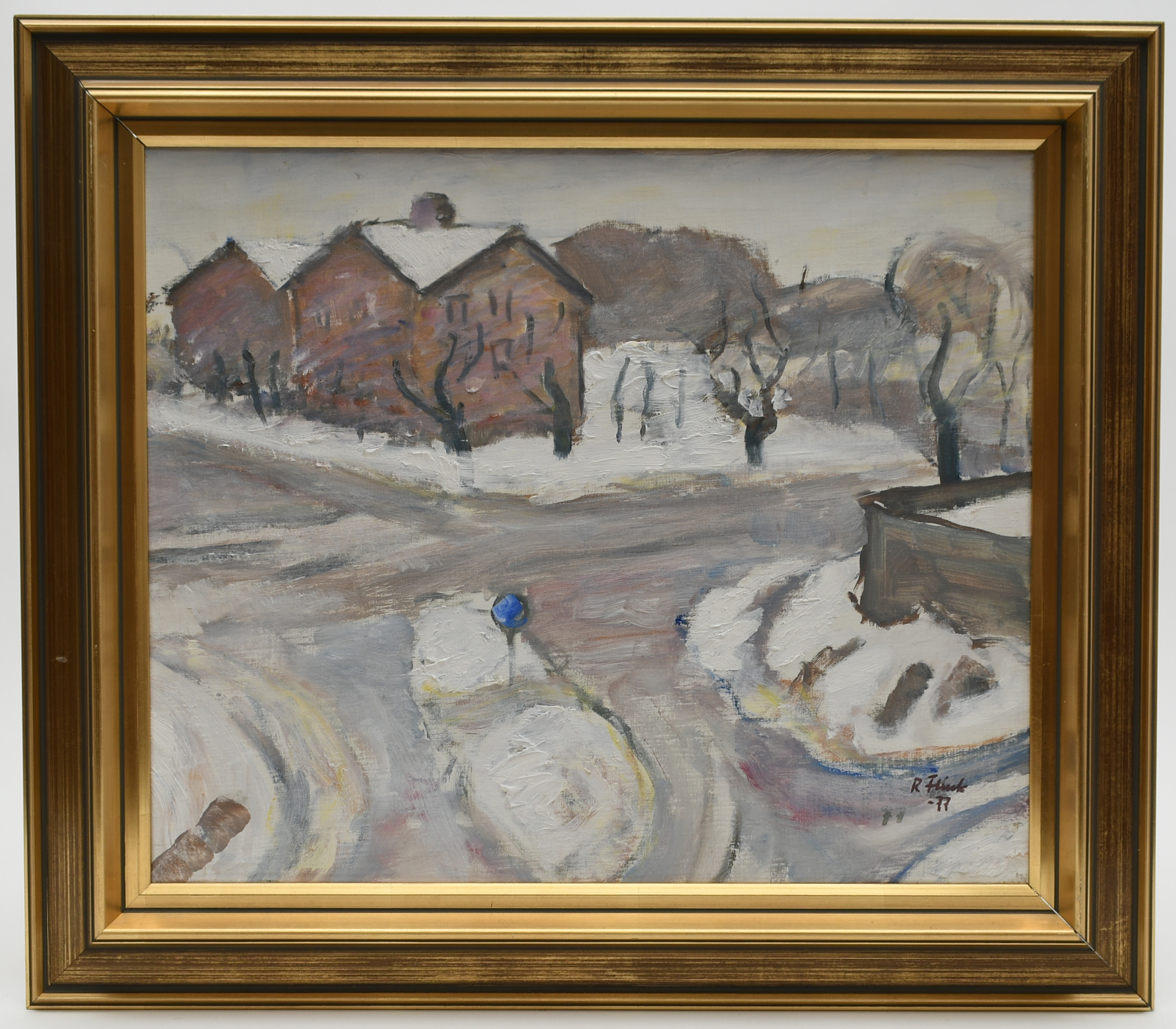 RUDOLF FLINK. Snömotiv från södra Guldheden. Olja på duk.
