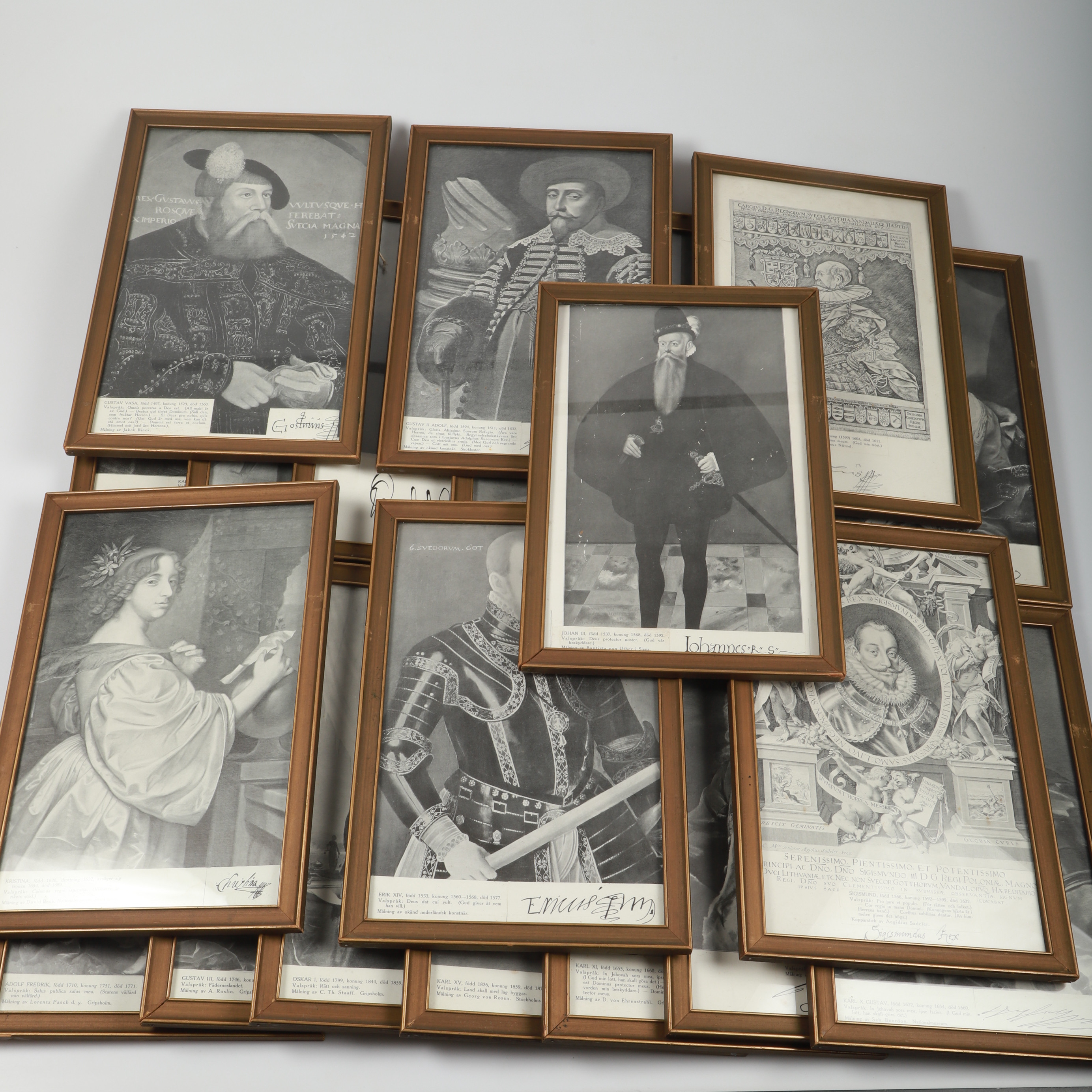 SVERIGES REGENTER, 21 stycken inramade tryck, 1900-tal.
