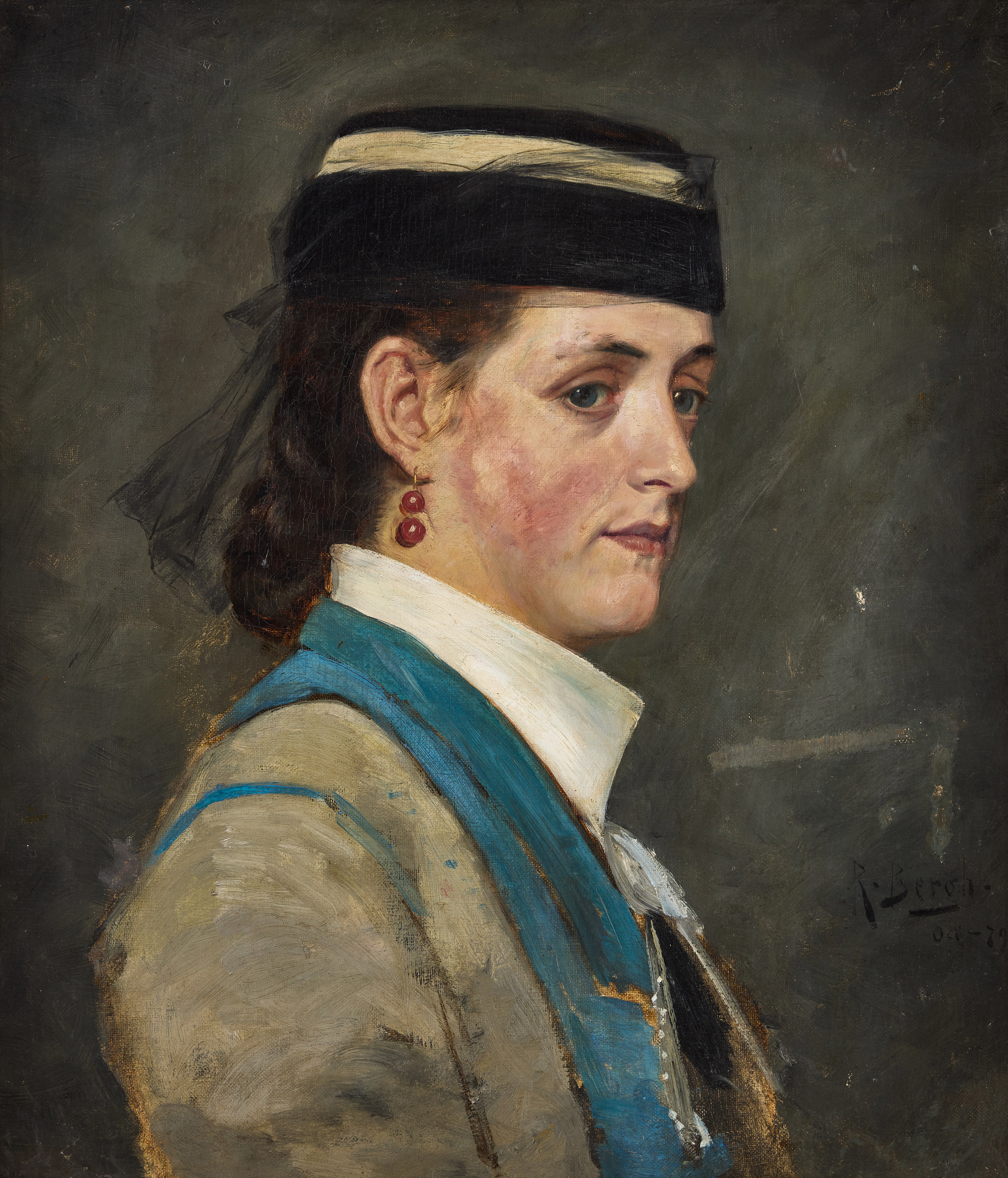 RICHARD BERGH. Porträtt av kvinna i hatt med flor.