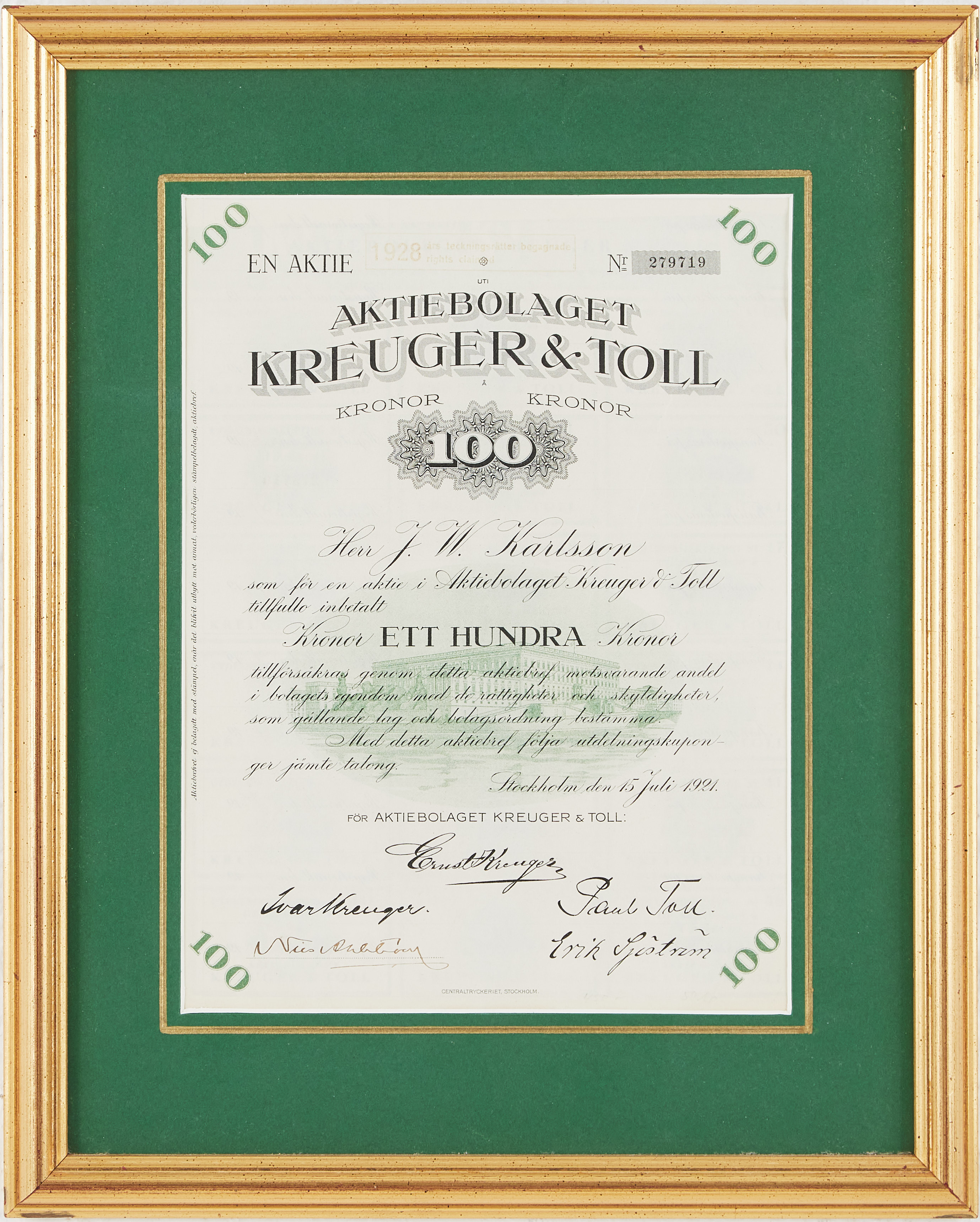 AKTIEBREV, AB Kreuger & Toll , underskrivna i original av bl.a Ivar Kreuger och Paul Toll.