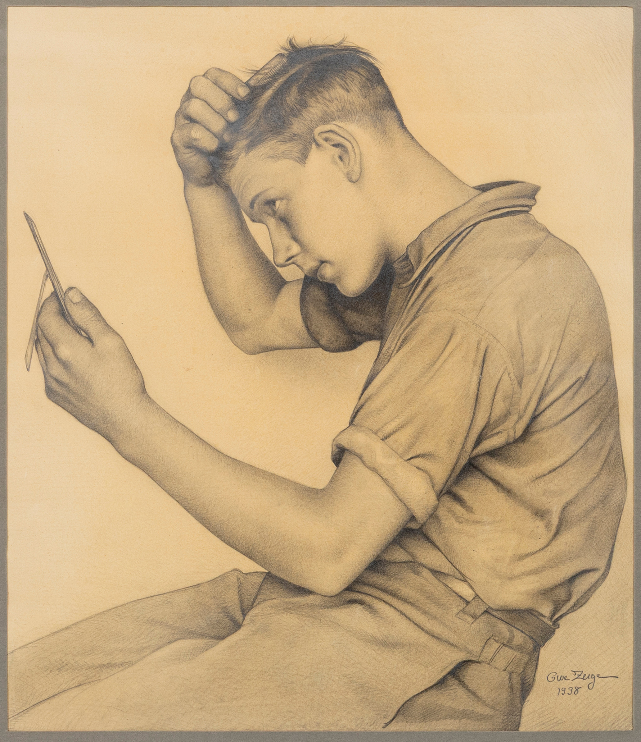 OWE  ZERGE. Blandteknik, pojke som speglar sig, signerad och daterad 1938.