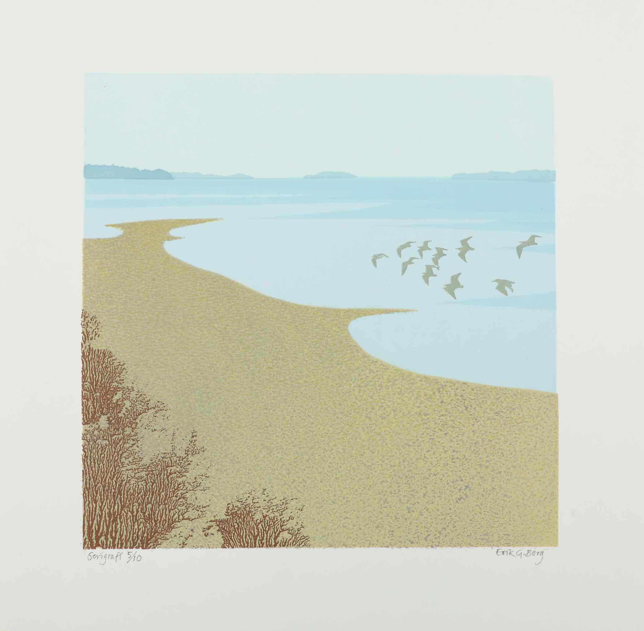 ERIK GUSTAV BERG (1935-2025). serigrafi, Fåglar längst strandkant, signerad, numrerad 5/10.
