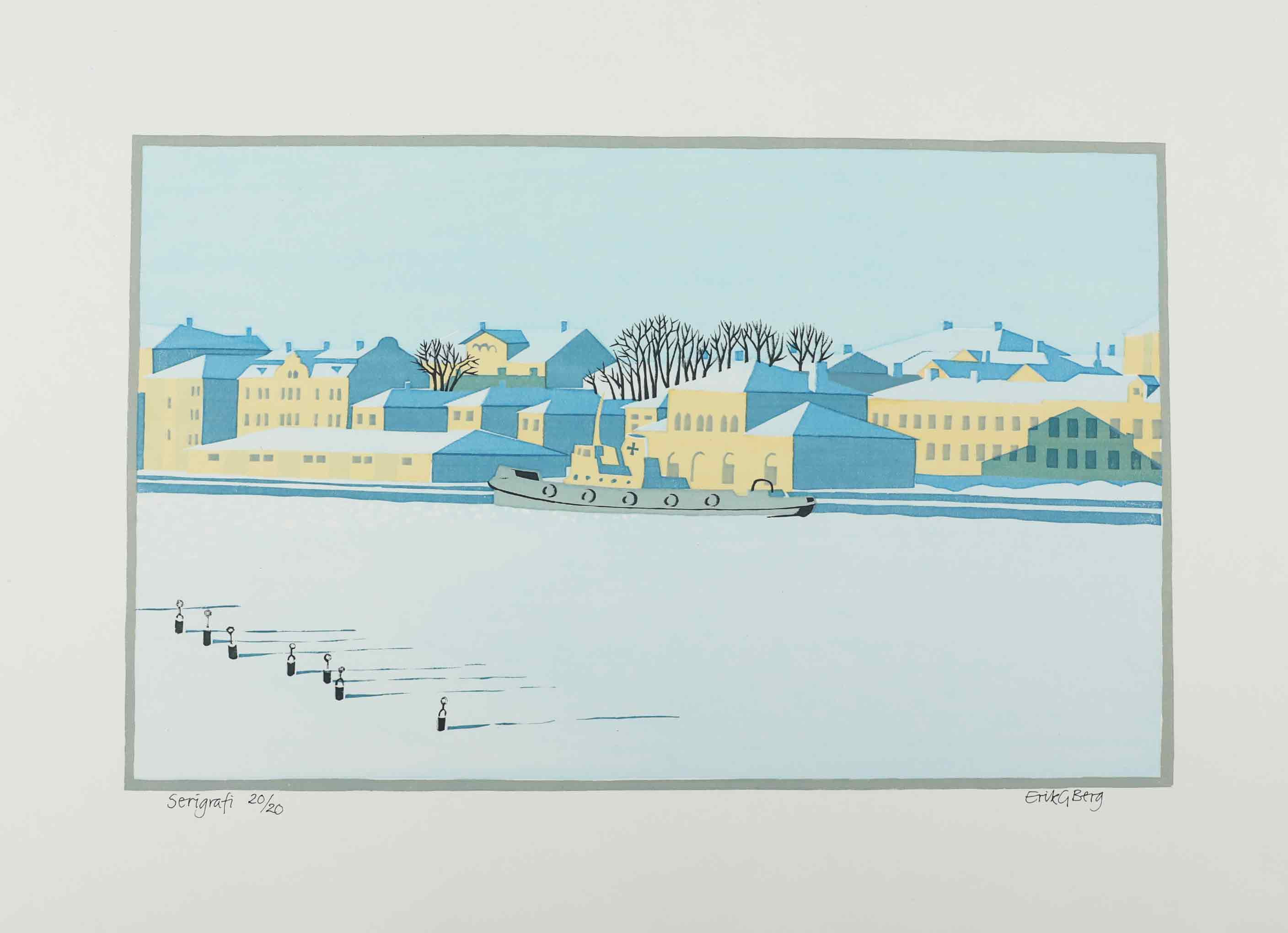 ERIK GUSTAV BERG (1935-2025). serigrafi, Hamnen Hudiksvall, signerad, numrerad 20/20.