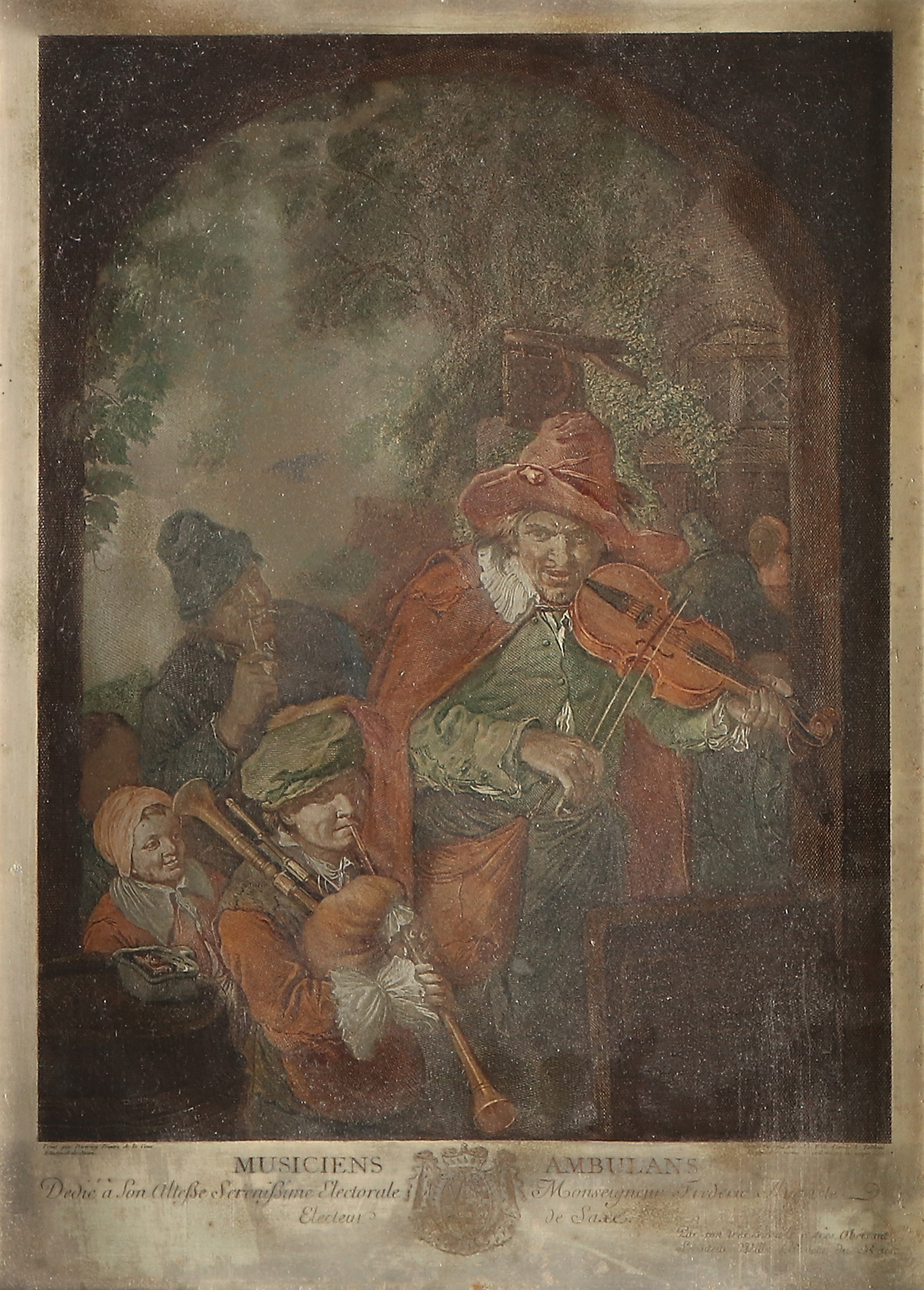 GRAVYR PÅ METALLPLÅT. Spelmän. Delvis handkolorerad.