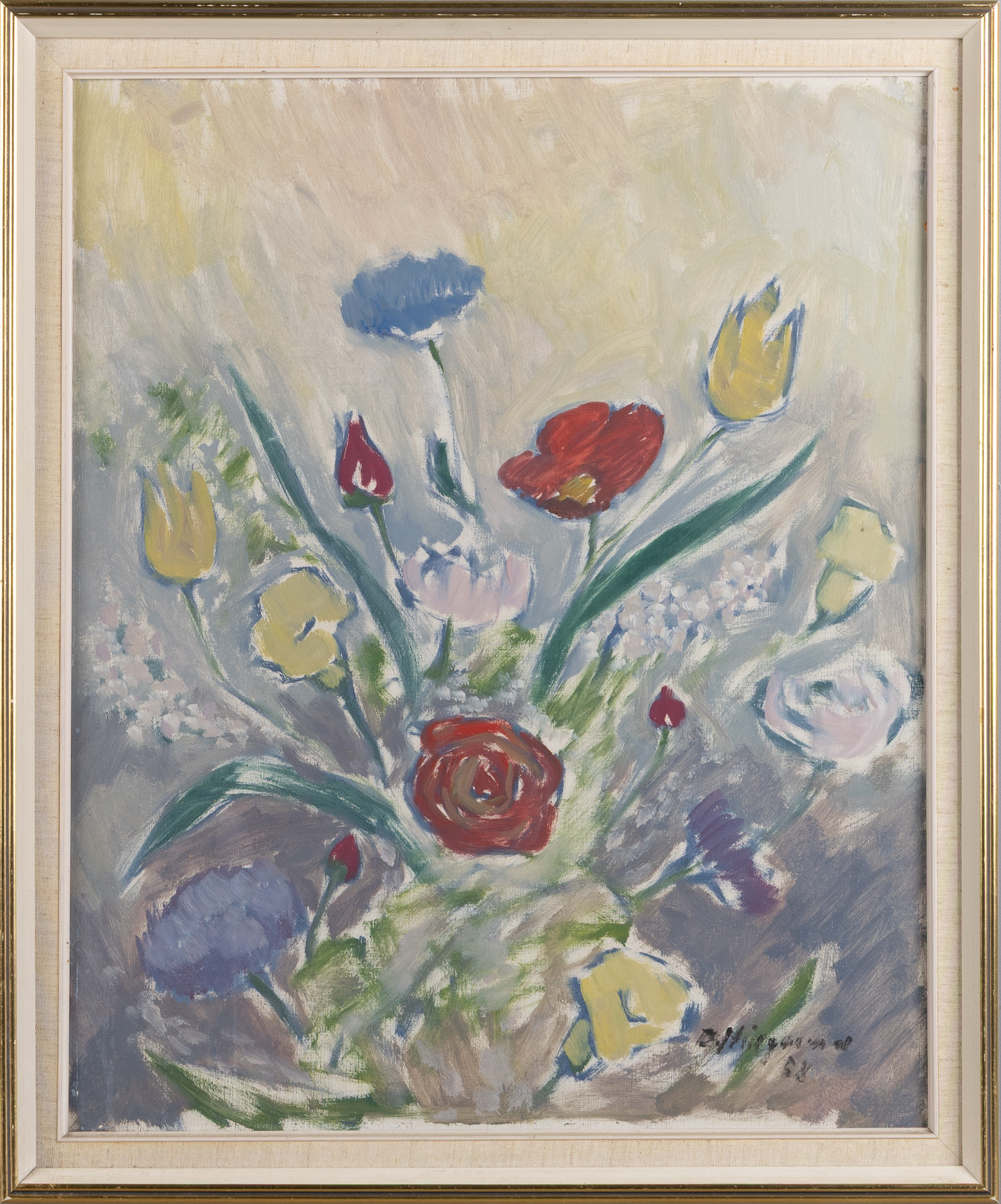 BENGT HILLGRUND. Blomsterstilleben, olja på duk, signerad 58.