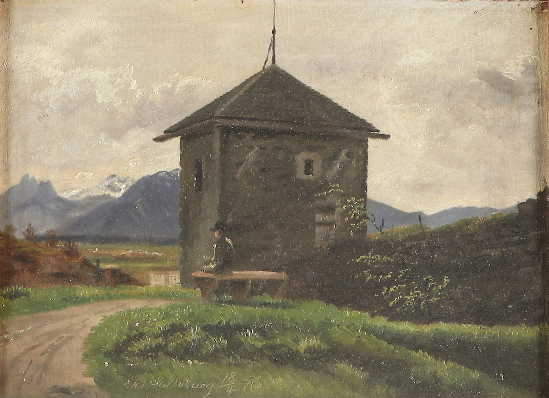 OKÄND KONSTNÄR. Oljemålning på duk, uppfodrad på pannå. Inskription Saltzburg 18/4 -76.