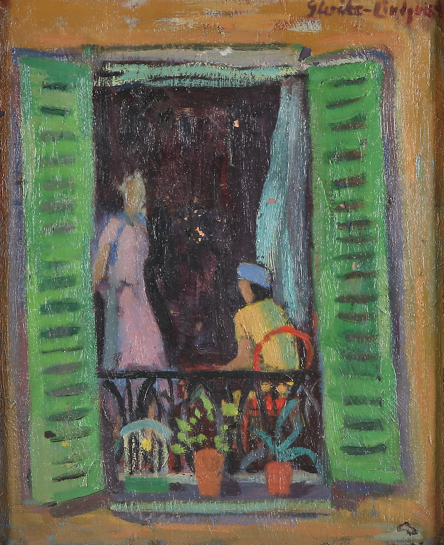 GERTRUD WRÅKE-LINDQVIST. Oljemålning på duk. "Franskt fönster". Signerad.