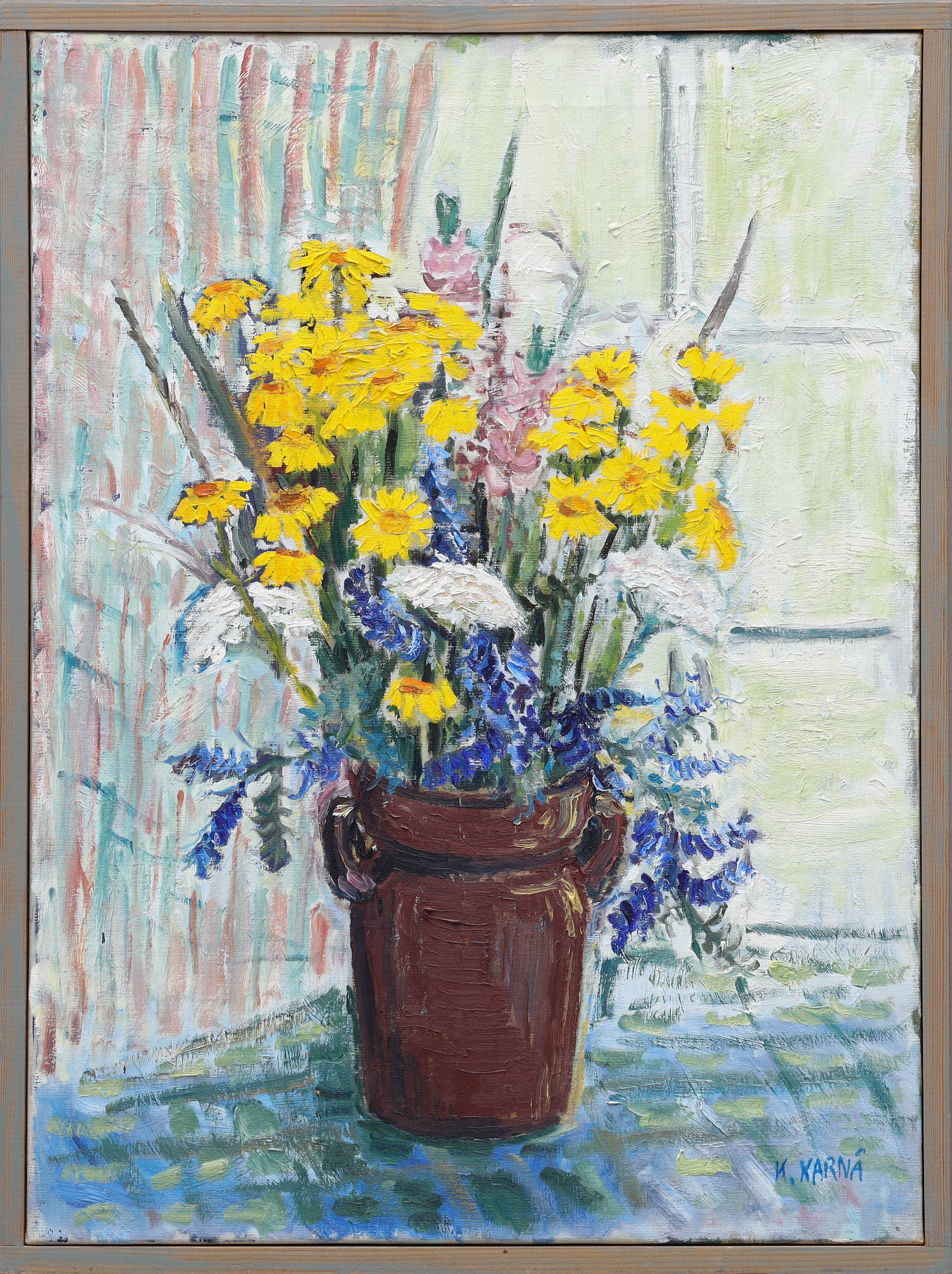 OIDENTIFIERAD KONSTNÄR. olja på duk, blomsterstilleben, signerad K Karnå.