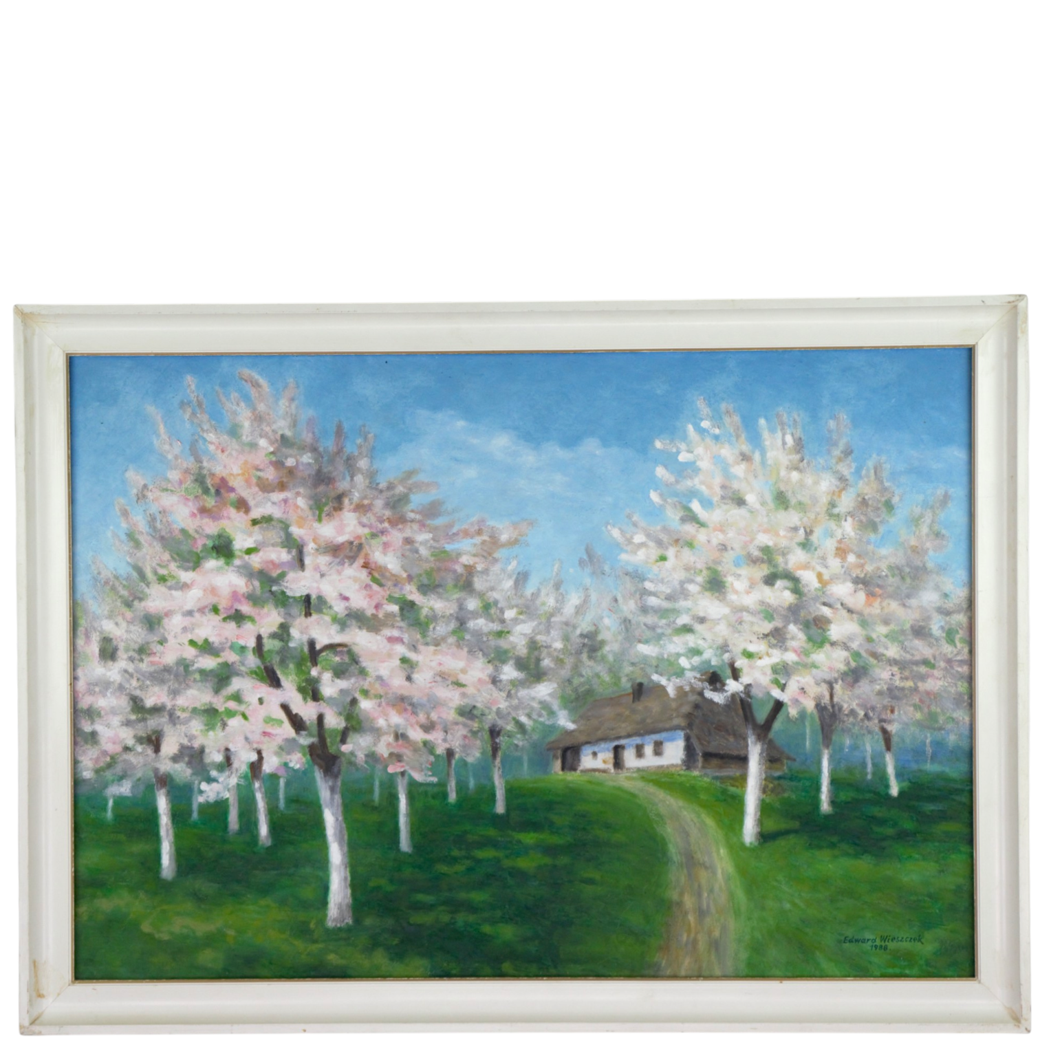 EDWARD WIESZCZEK. Olja på pannå, blommande äppelträd, signerad, 1988.