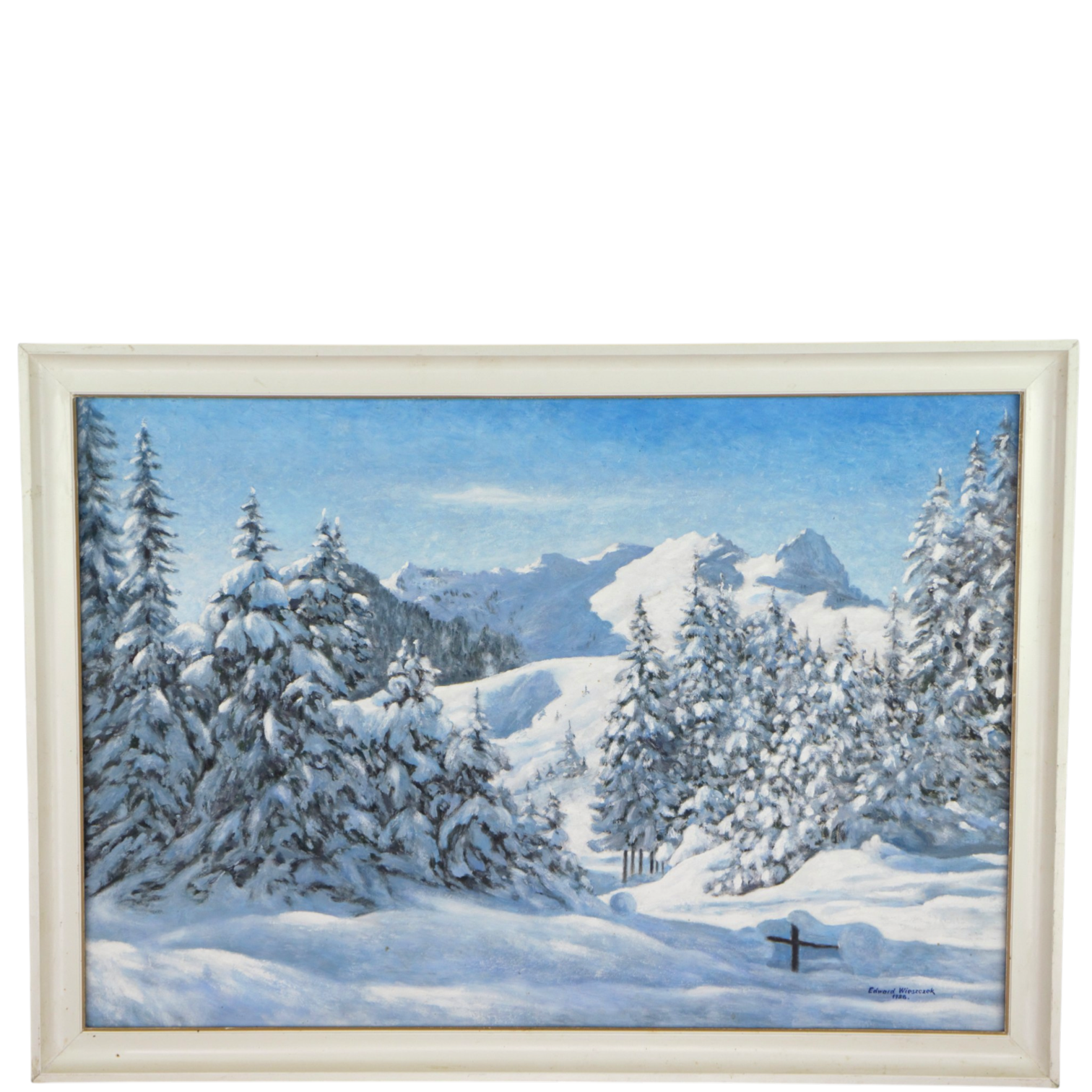 EDWARD WIESZCZEK. Olja på pannå, snötyngda träd med berg i fjärran, signerad, 1988.