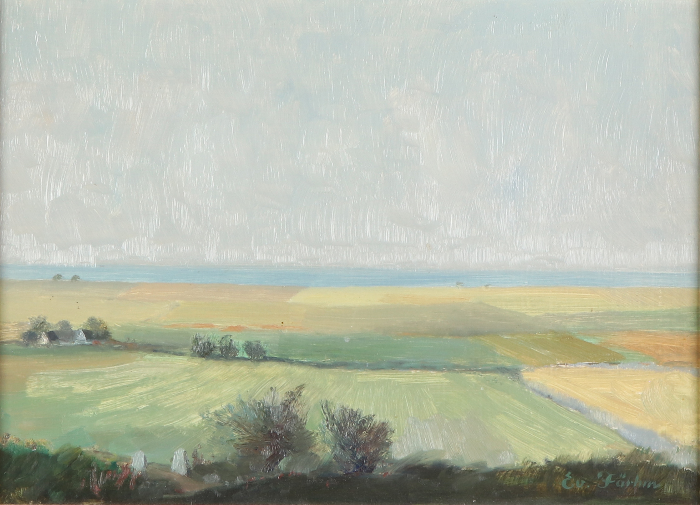 EVERT FÄRHM. Oljemålning på pannå. Slättlandskap. Signerad.