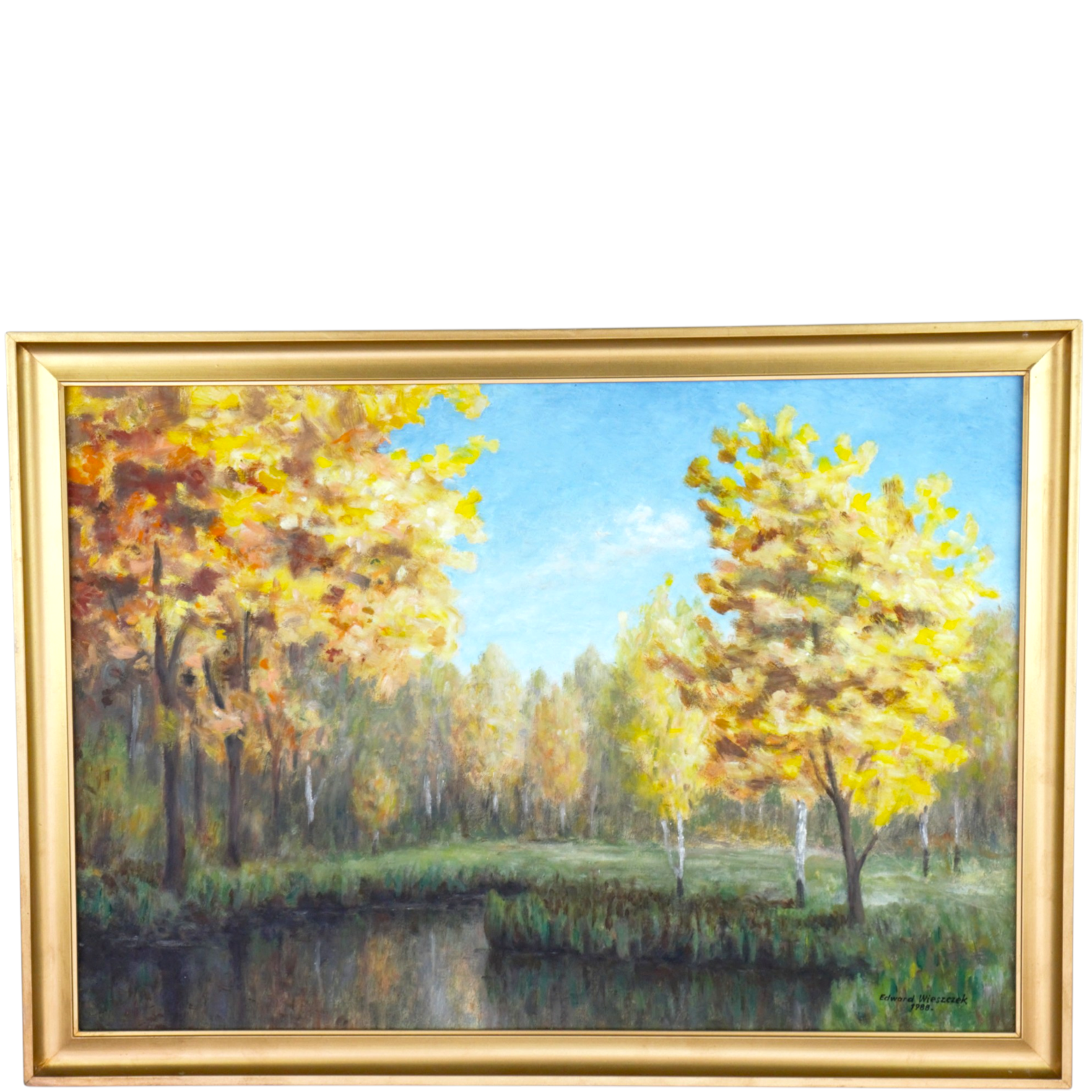 EDWARD WIESZCZEK. Olja på pannå, höstträd vid skogssjö, signerad, 1988.