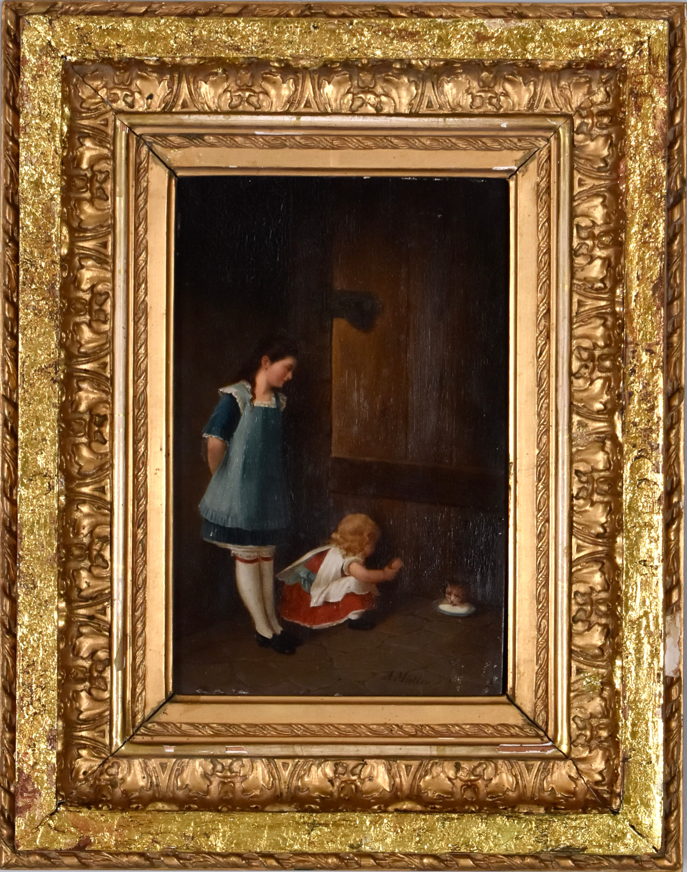 OIDENTIFIERAD KONSTNÄR. oljemålning på pannå, barn och katt, 1800-talets slut.