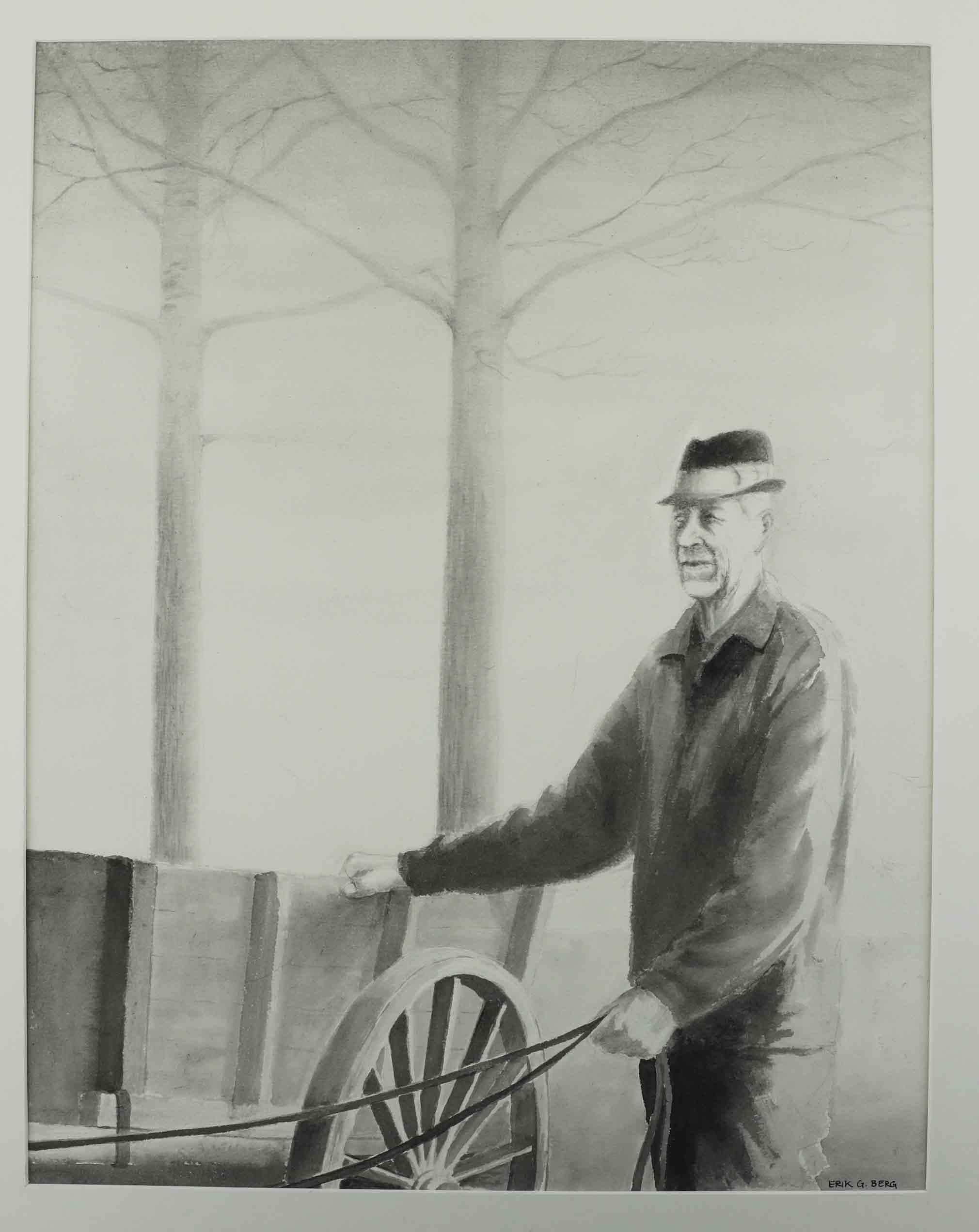 ERIK GUSTAV BERG (1935-2025). tuschlavering, "Bonde med kärra", signerad.