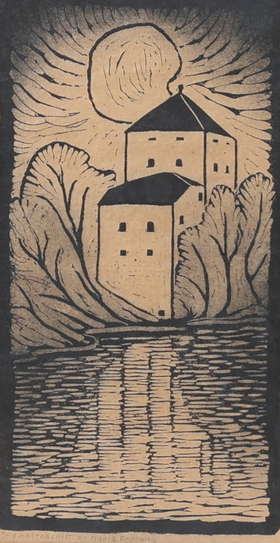 MARIA FRÖBERG (Västerås 1886-1962 Eskilstuna) Nyköpingshus, träsnitt, signerad.