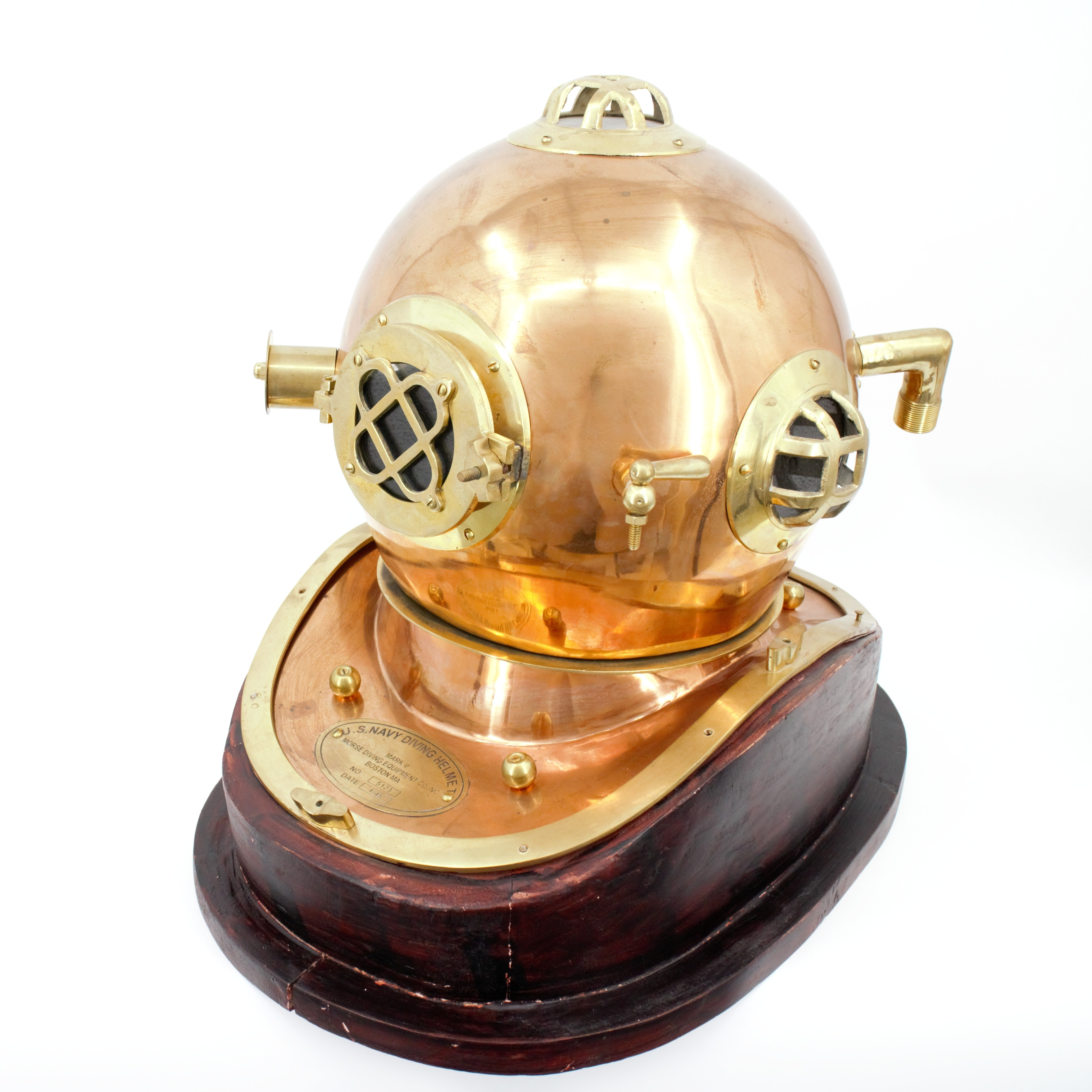DYKHJÄLM, 'US Navy Diving Helmet', koppar, mässing, metall, replika, monterad på träsockel, 2000-tal.