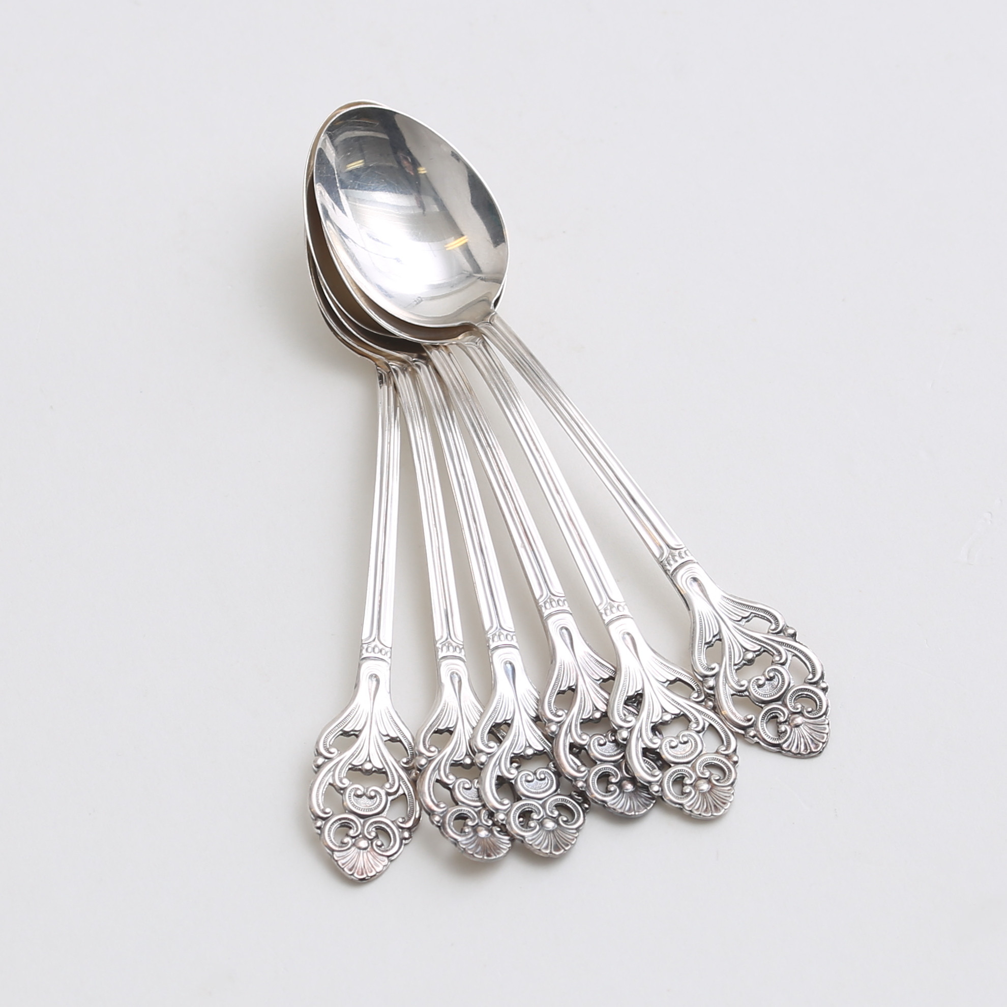 TE/KAFFESKEDAR, 6 st, silver, "Aida", GAB 1961, vikt ca 58 gram.