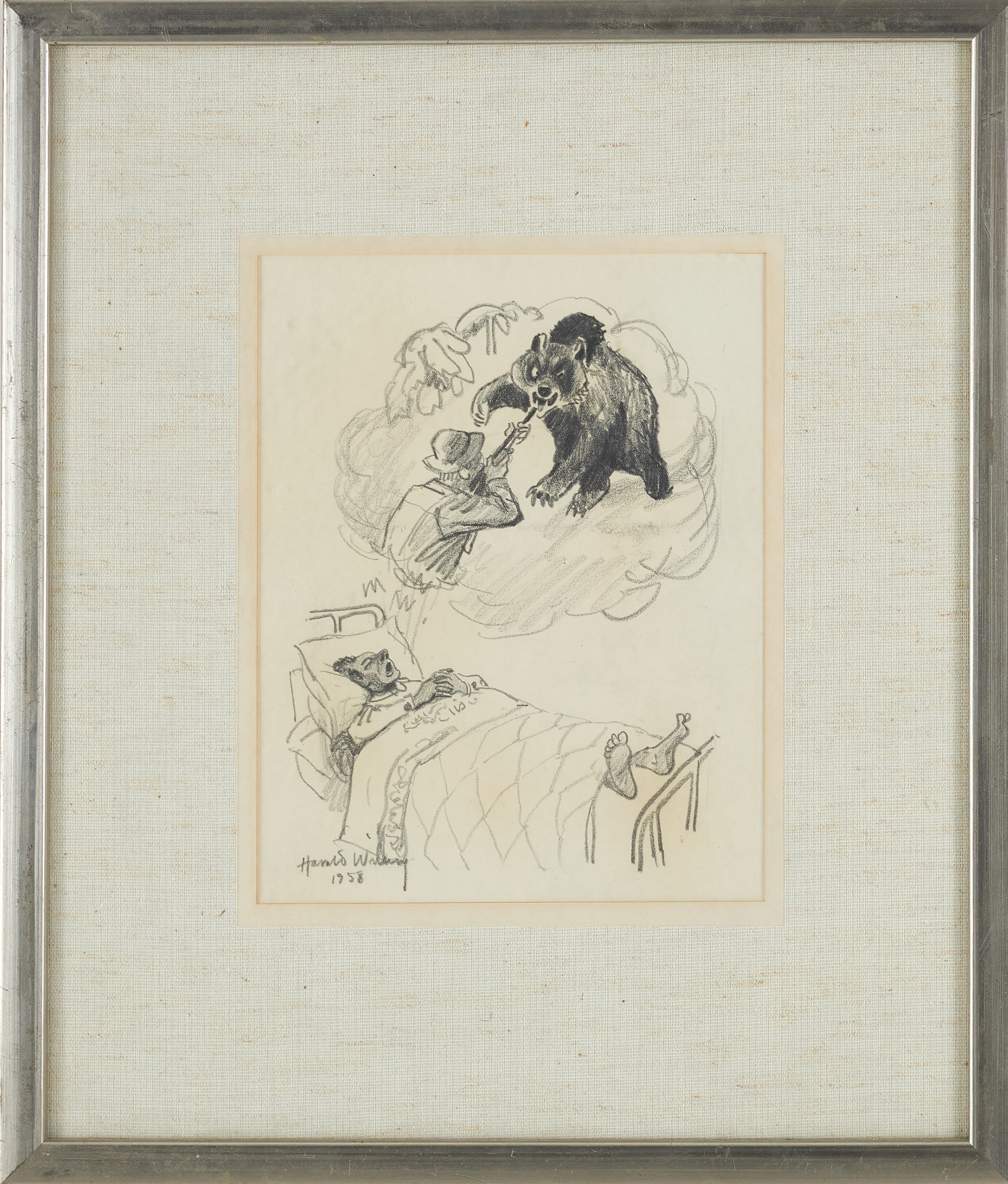 HARALD WIBERG. "En jägares dröm", blyerts, signerad och daterad 1958.