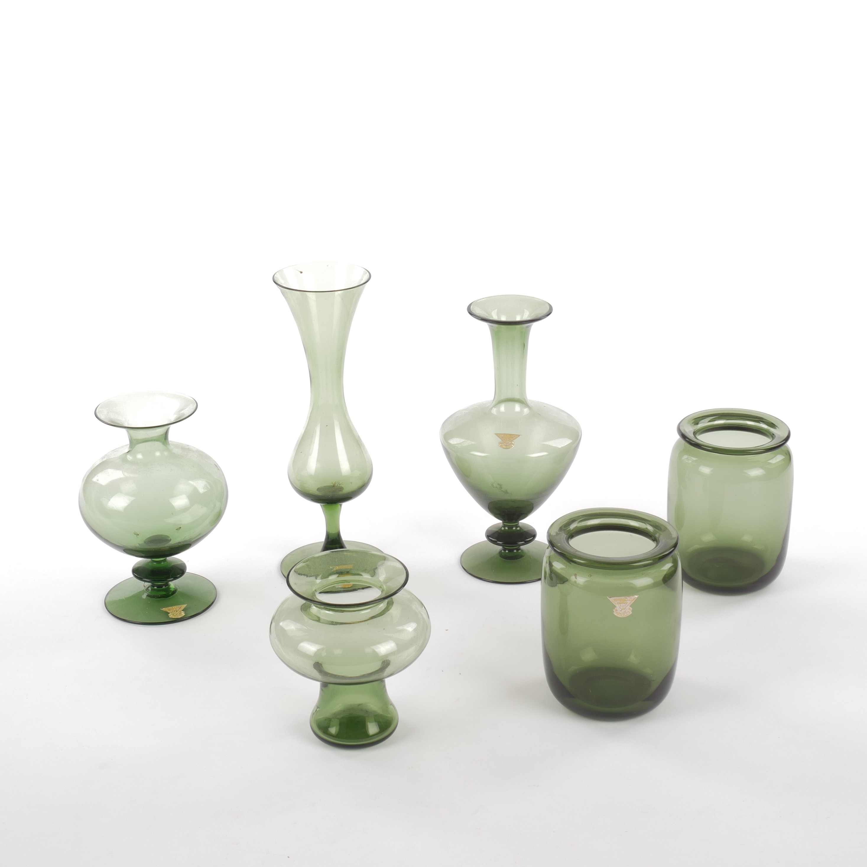 VASER OCH BURKAR, 6 st, grönt/mossgrönt glas, Gullaskruf.