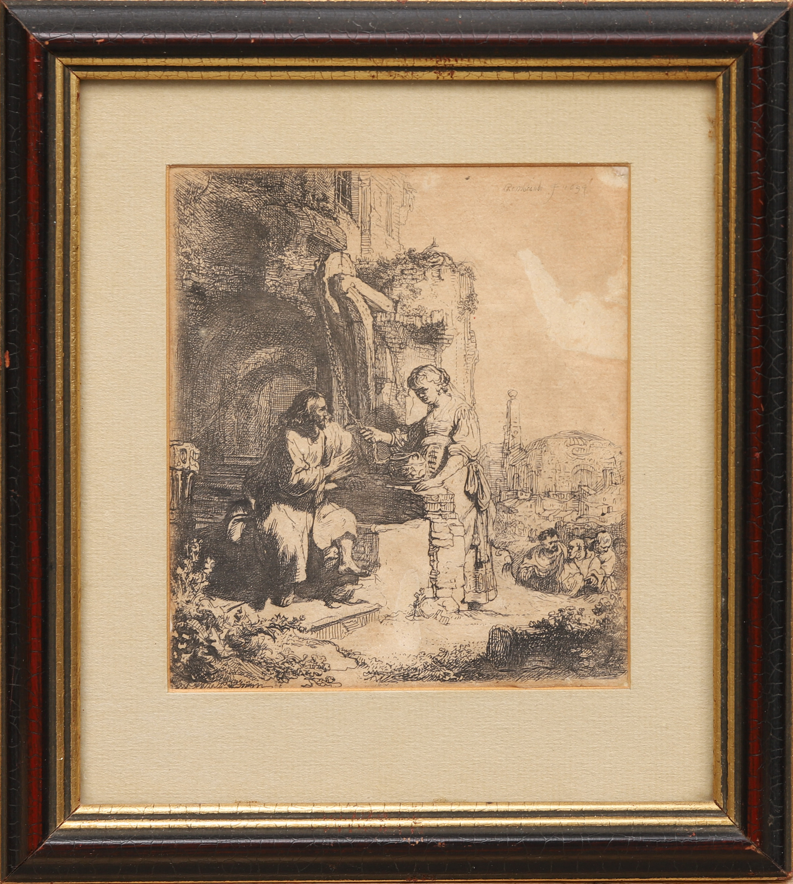 REMBRANDT  VAN RIJN. EFTER. "Christ and the Woman of Samaria among Ruins, 1634", etsning, 1800-tal.