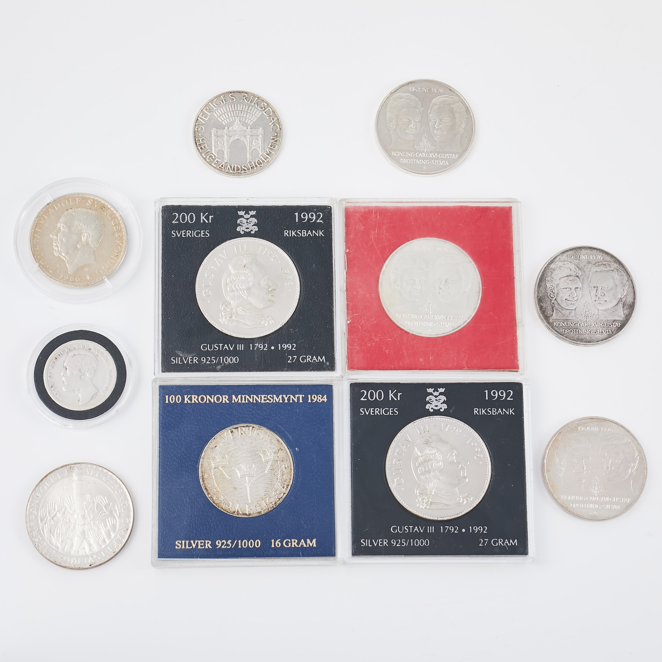 MINNESMYNT, 11 st, silver, Sverige, bl.a. 200 kr, Gustav III 1992, 100 kr minnesmynt 1984.