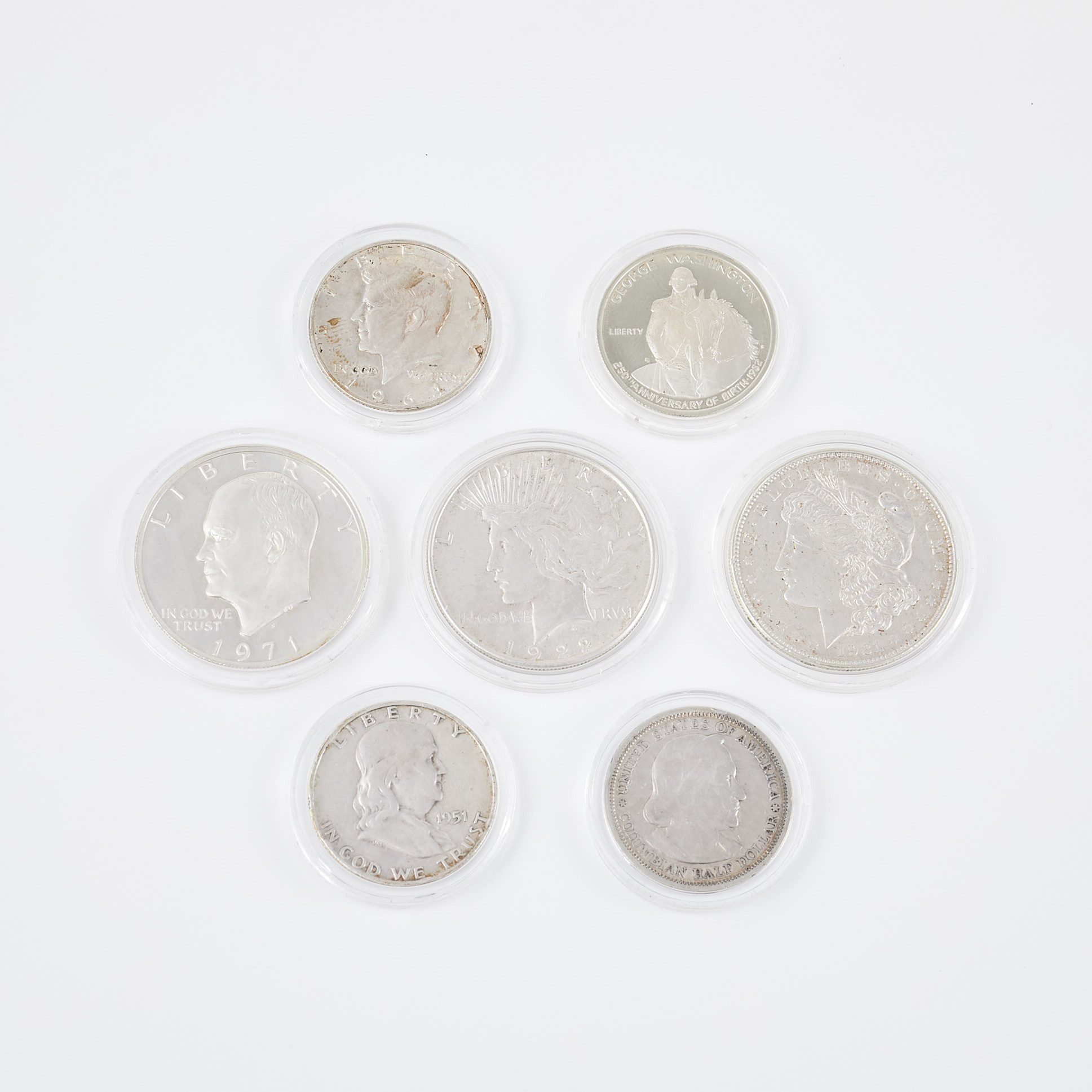 SILVERMYNT, 7 st, dollar, 3 st one dollar, 4 st half dollar, olika år.