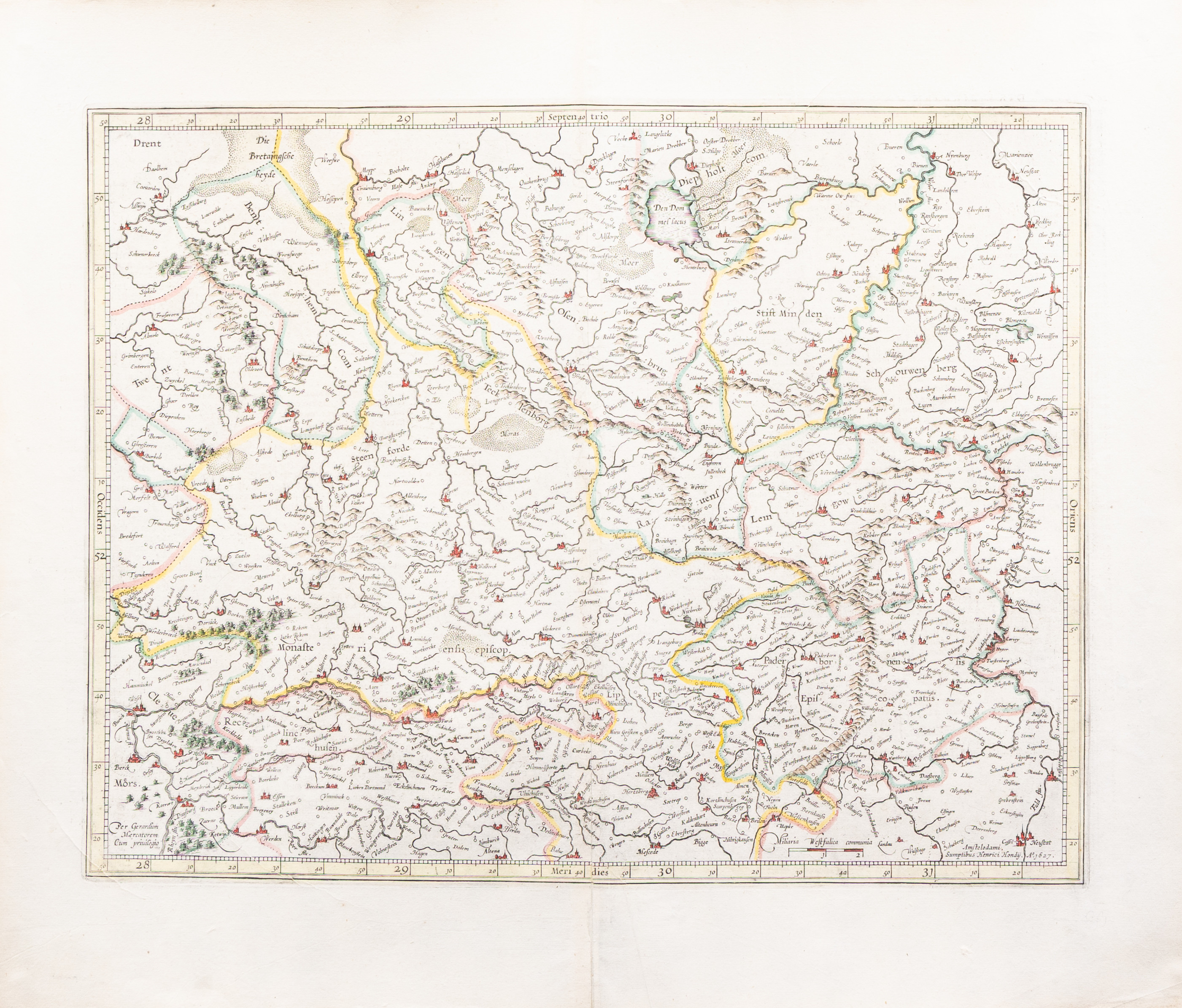 KARTA, Hondius "Diep Holt" Westphalia, 1630, handkolorerat koppargravyr.